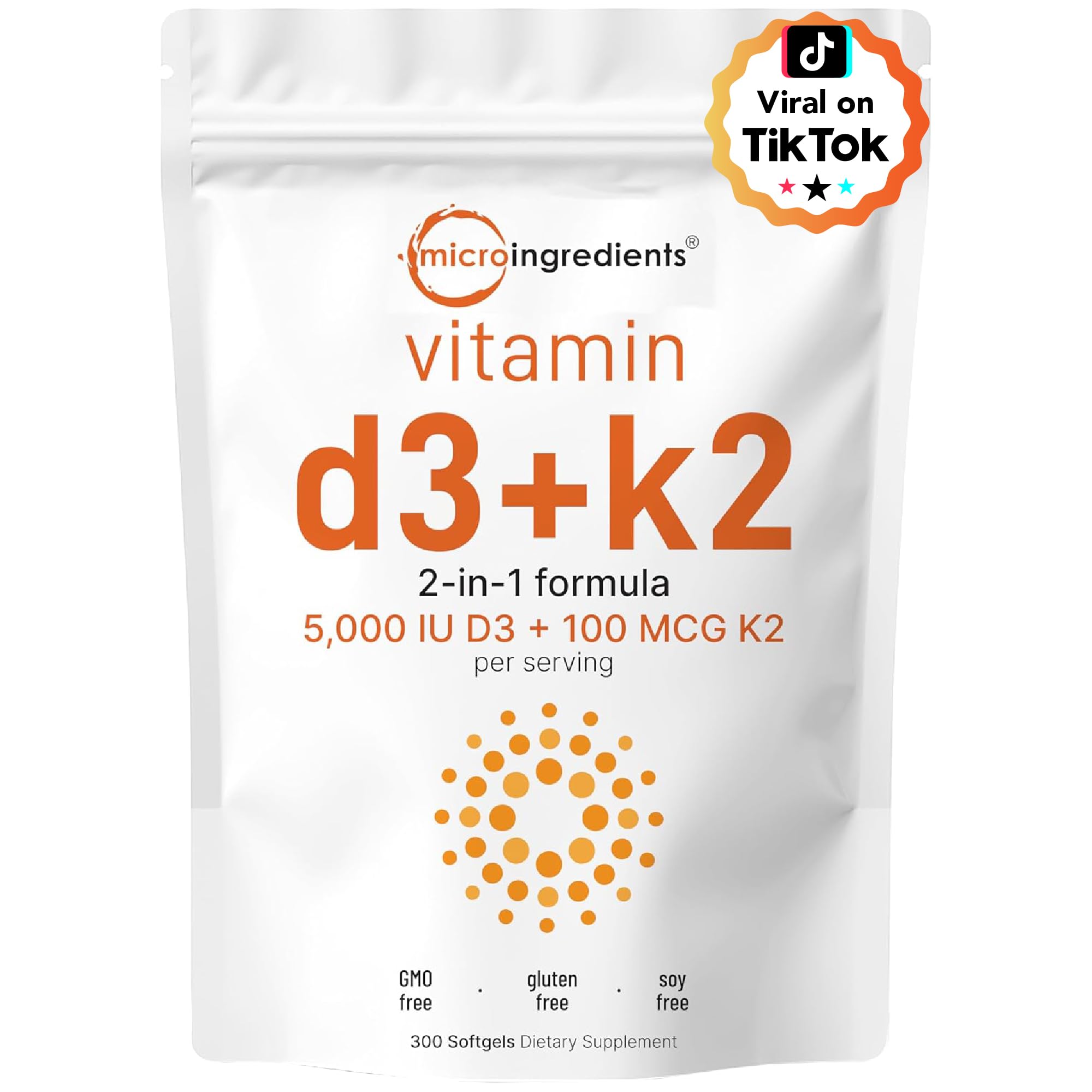 Micro Ingredients Vitamin D3 + K2 MK-7 5,000 IU Per Serving, 300 Softgels