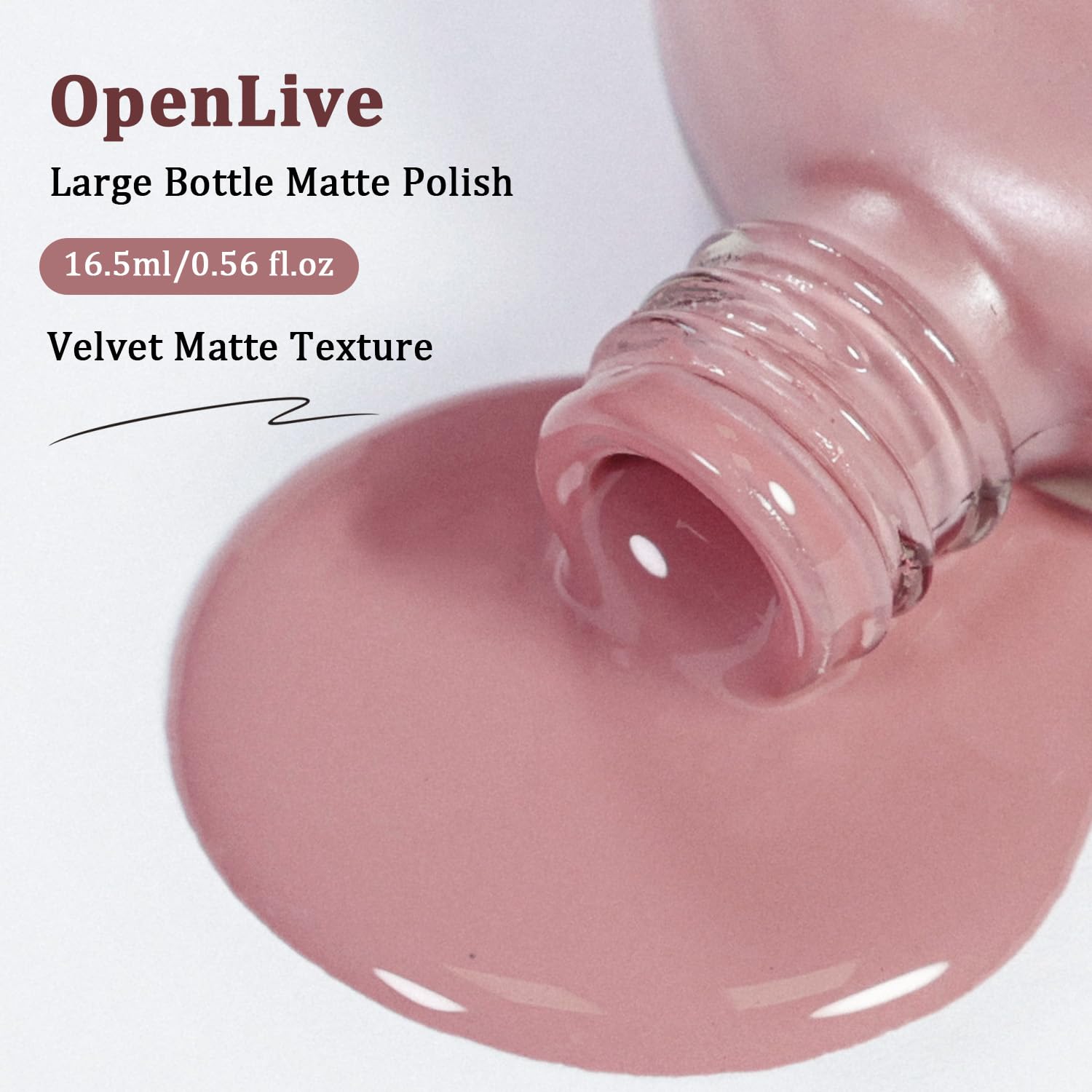 OpenLive Dusty Rose matte nail polish bottle with large volume and quick-dry formula, showcasing the elegant dusty rose shade.
