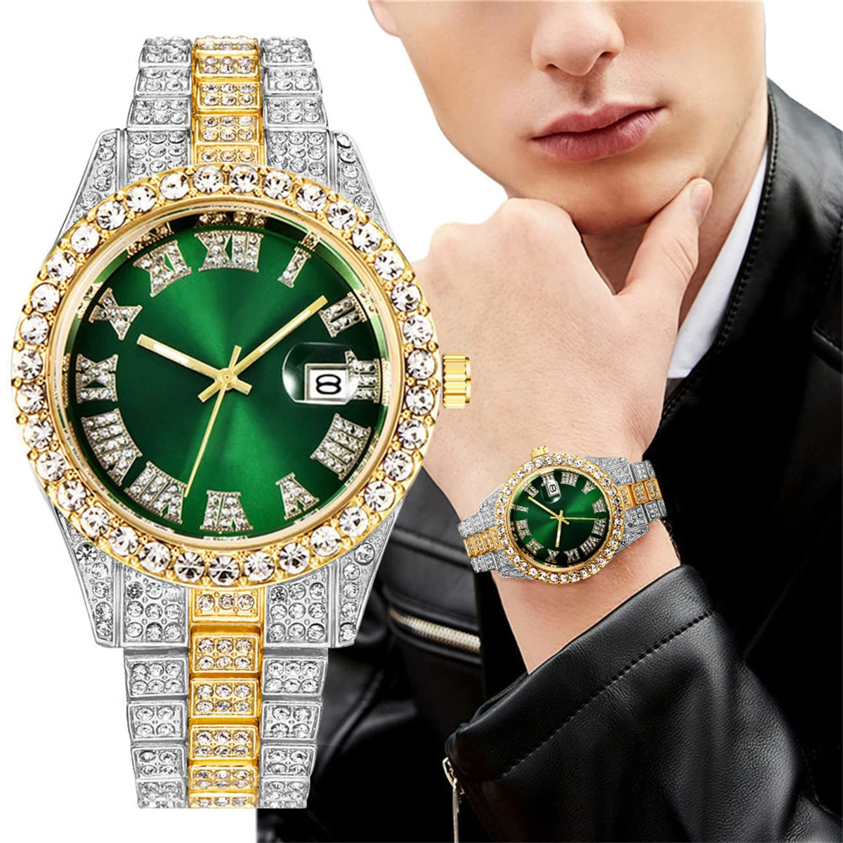 CdyBox 3 Pack Luxury Men Hip Hop Watch with Roman Scale Calendar Diamond Wrist Watch Stainless Steel Watches – close-up 