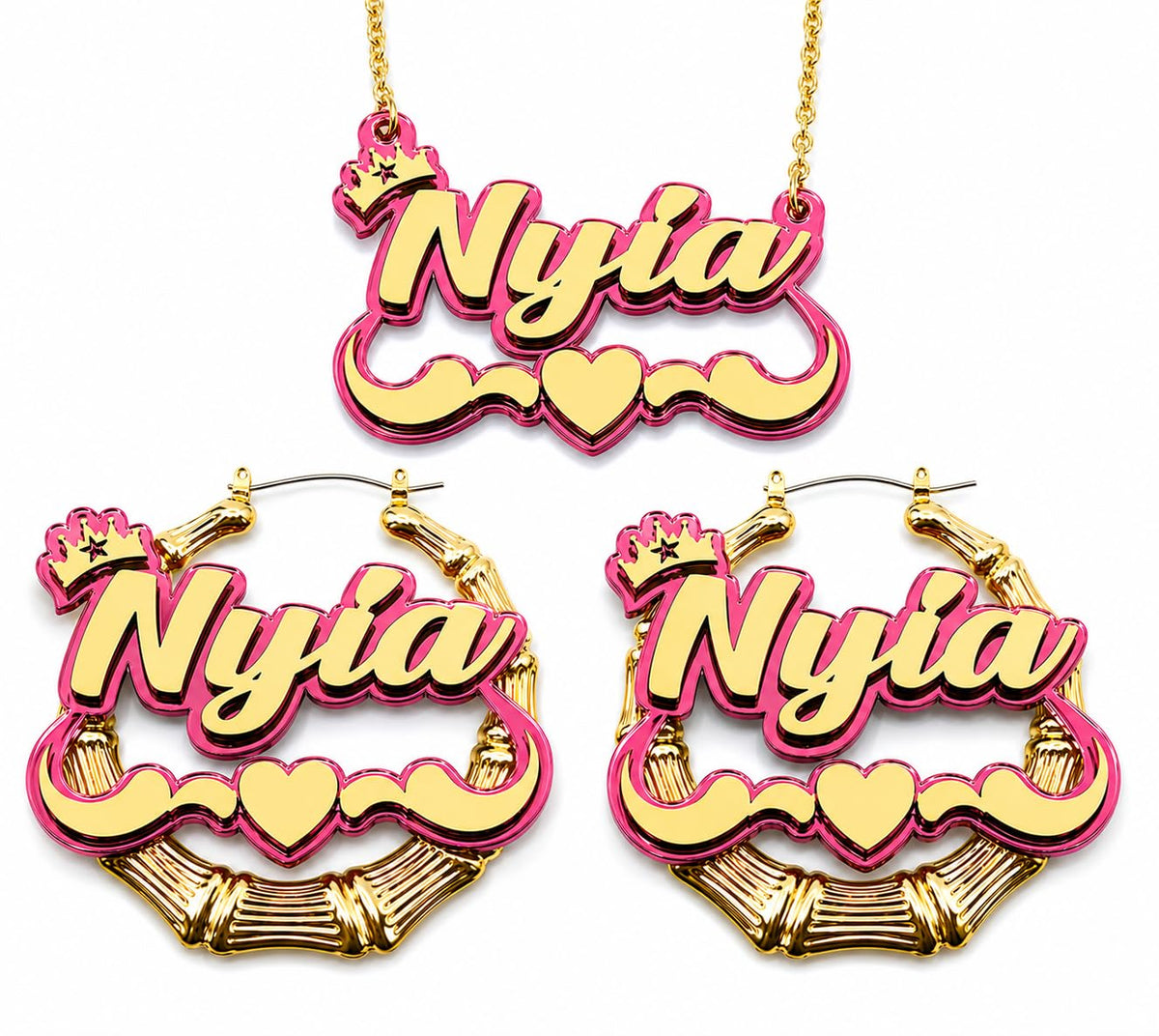 MIRROR MANIA Personalized Name Necklace & Bamboo Hoop Earrings Set | Custom Gold Nameplate Jewelry with Swirls, Heart & 