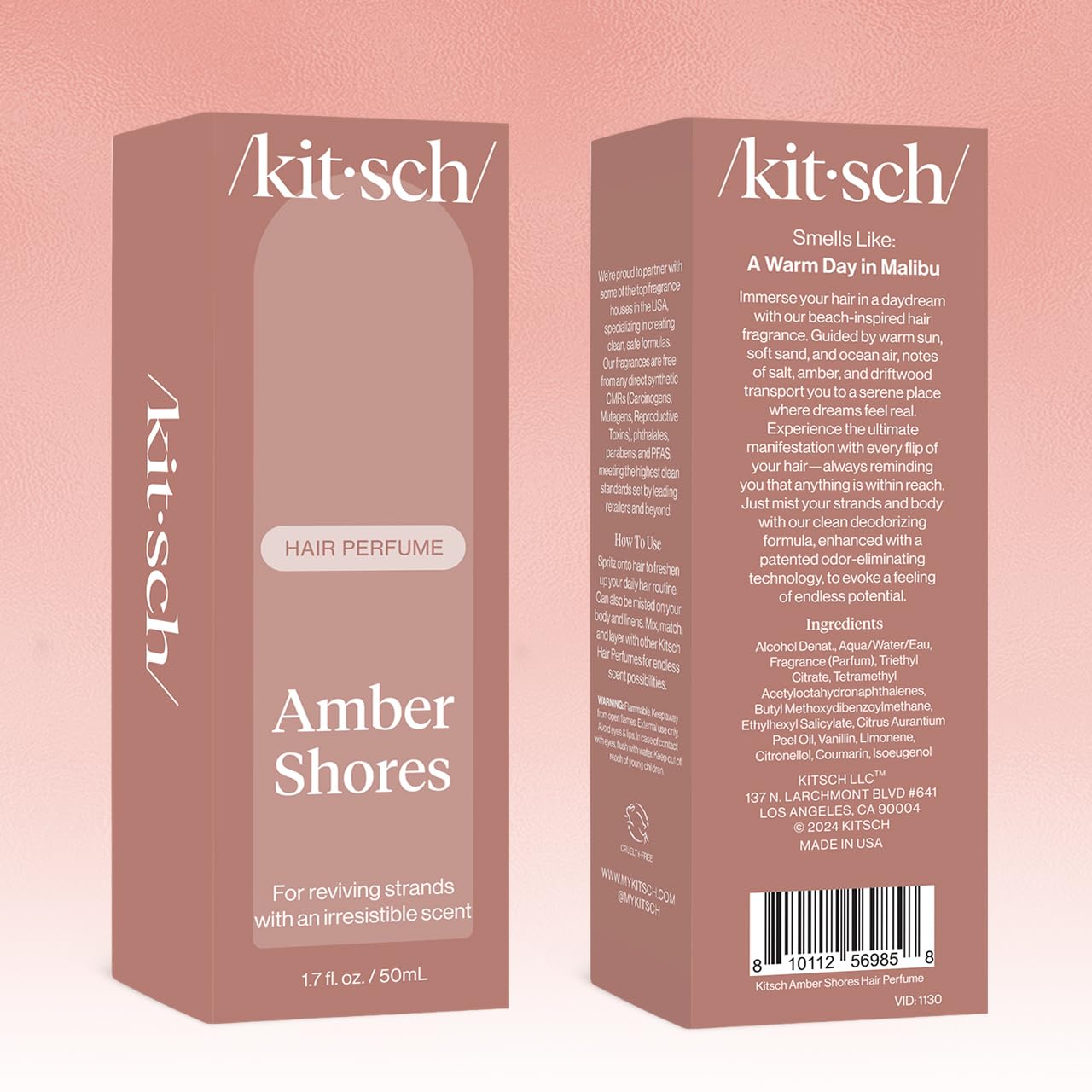 Kitsch Amber Shores hair perfume in a 50mL bottle, featuring a floral and warm amber scent for women.