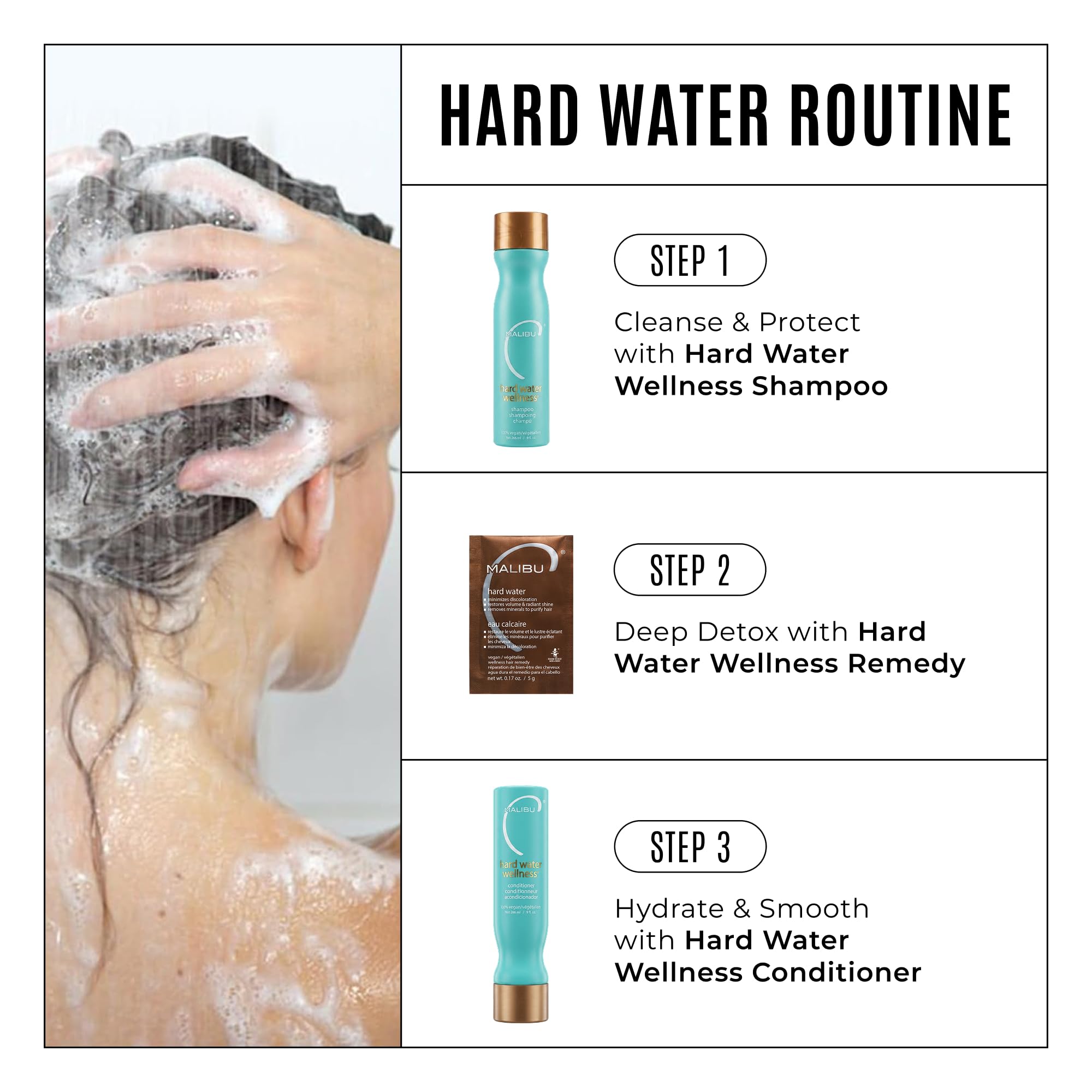 Malibu C Hard Water Wellness Conditioner packets for hydrating hair and removing mineral deposits, part of the hair care set.