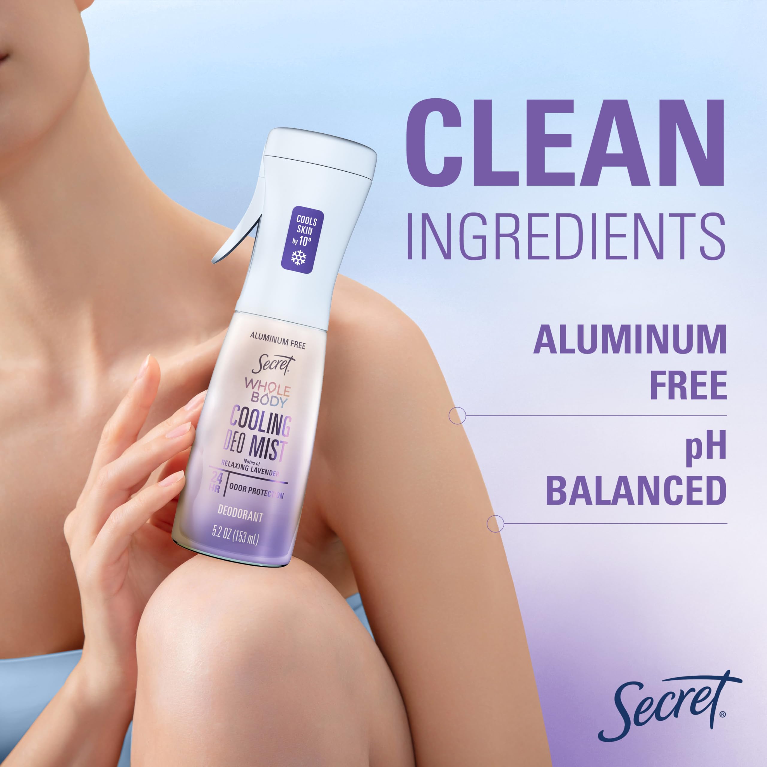 Secret Whole Body Cooling Deodorant Mist for Women, 5.2 fl oz bottle with spray nozzle, designed for refreshing body odor control.