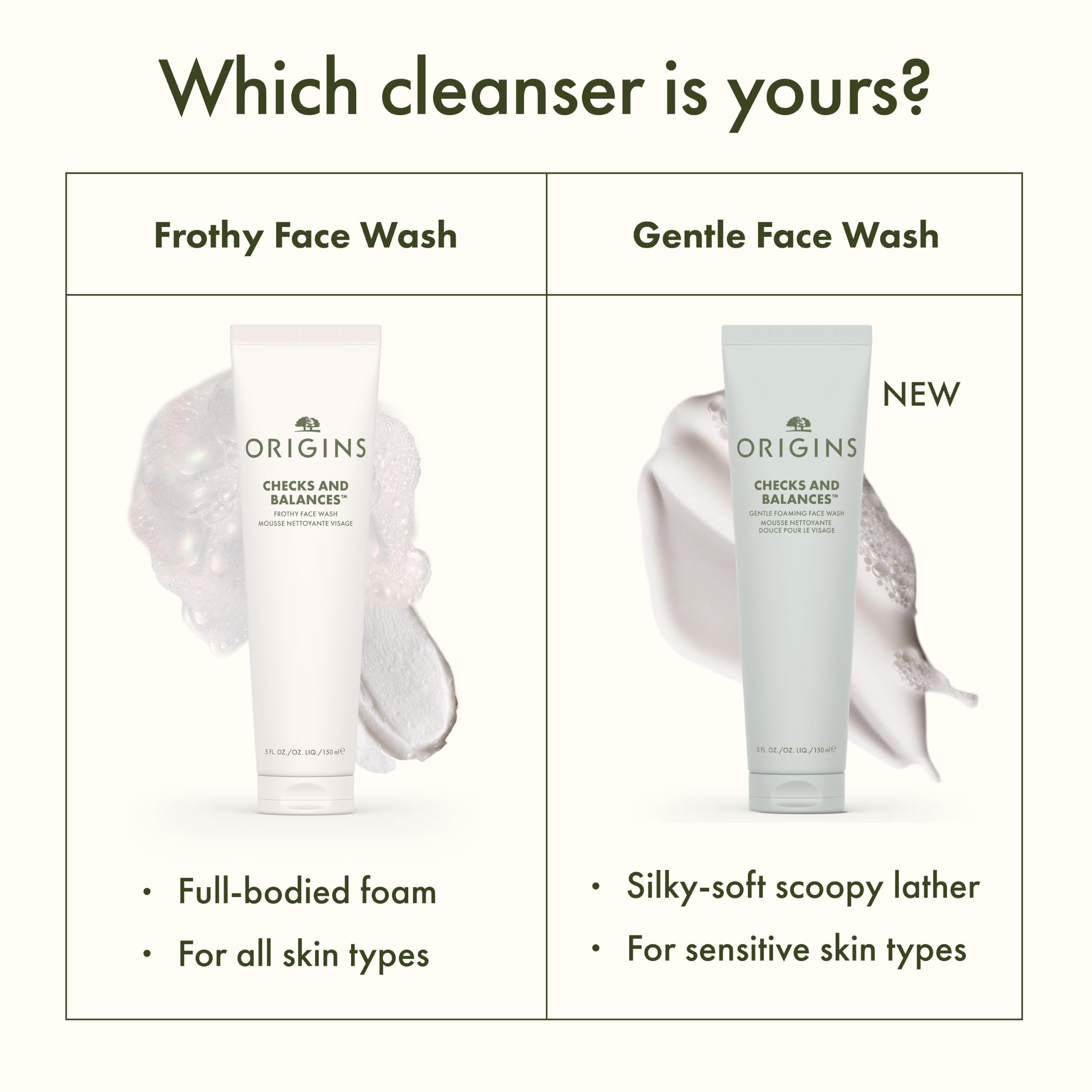 Origins Checks & Balances Frothy Face Wash in a 5 fl oz bottle, featuring a clear pump dispenser and white foaming formula.