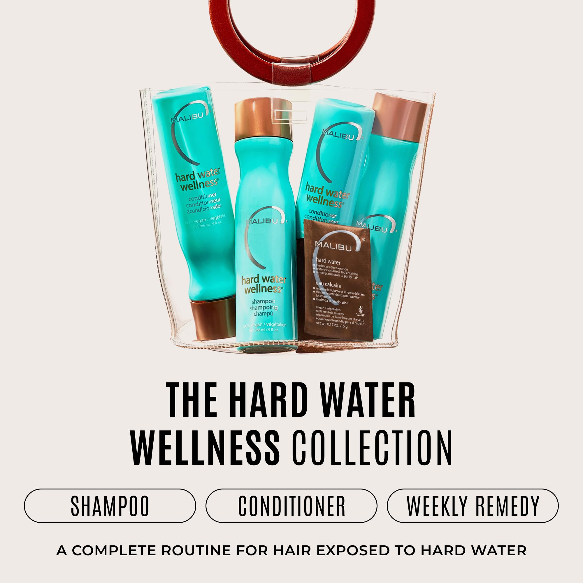 Malibu C Hard Water Wellness Conditioner packet, hydrating hair care for removing mineral deposits and impurities.