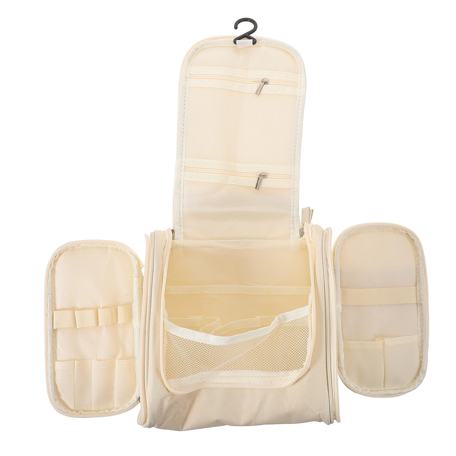 Beige waterproof Wakauto cosmetic case with handle, large toiletry bag for travel, makeup, bathroom, and shower essentials.