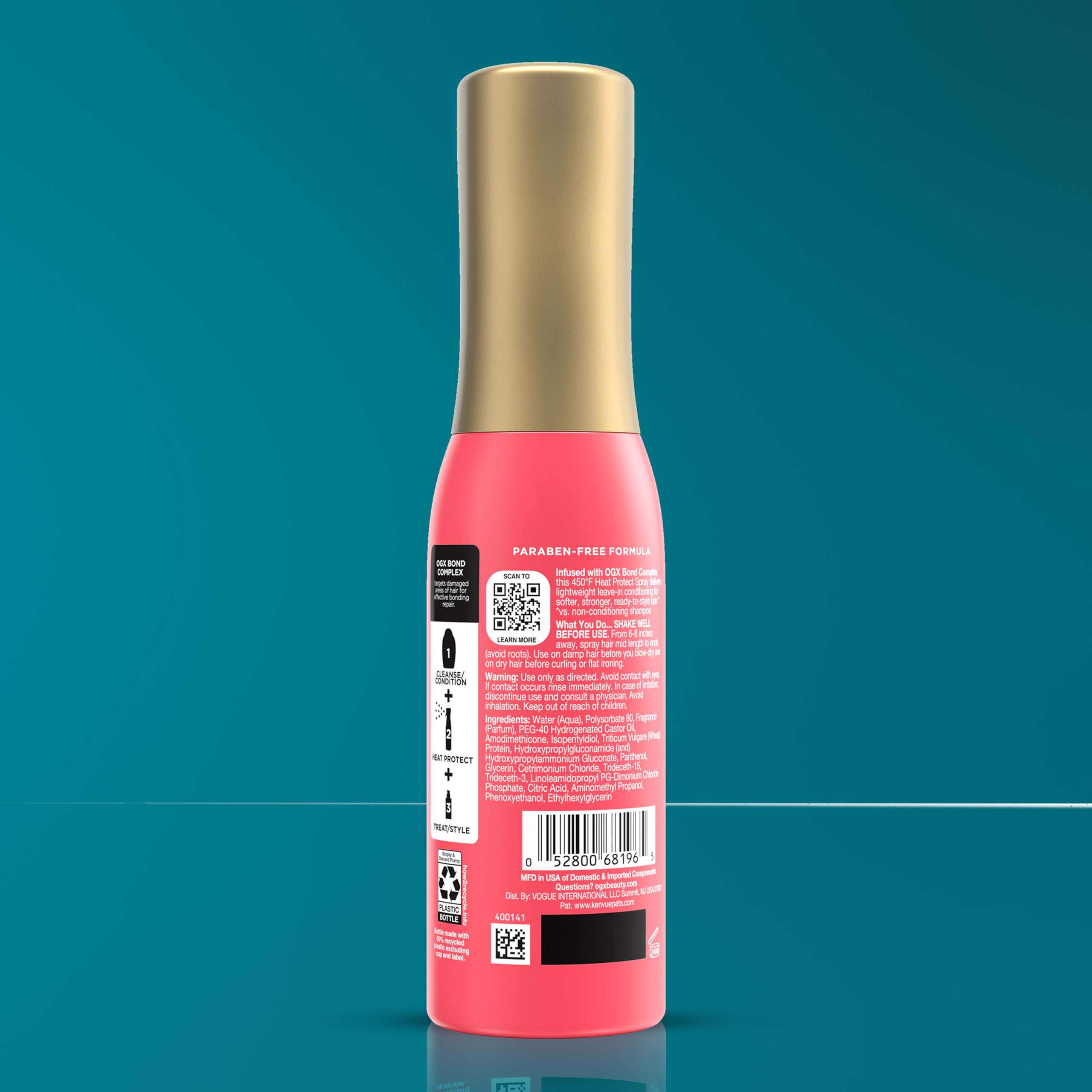OGX Bond Protein Heat Protect Spray for hair, 6.5 fl oz, showing the bottle with spray nozzle and label.