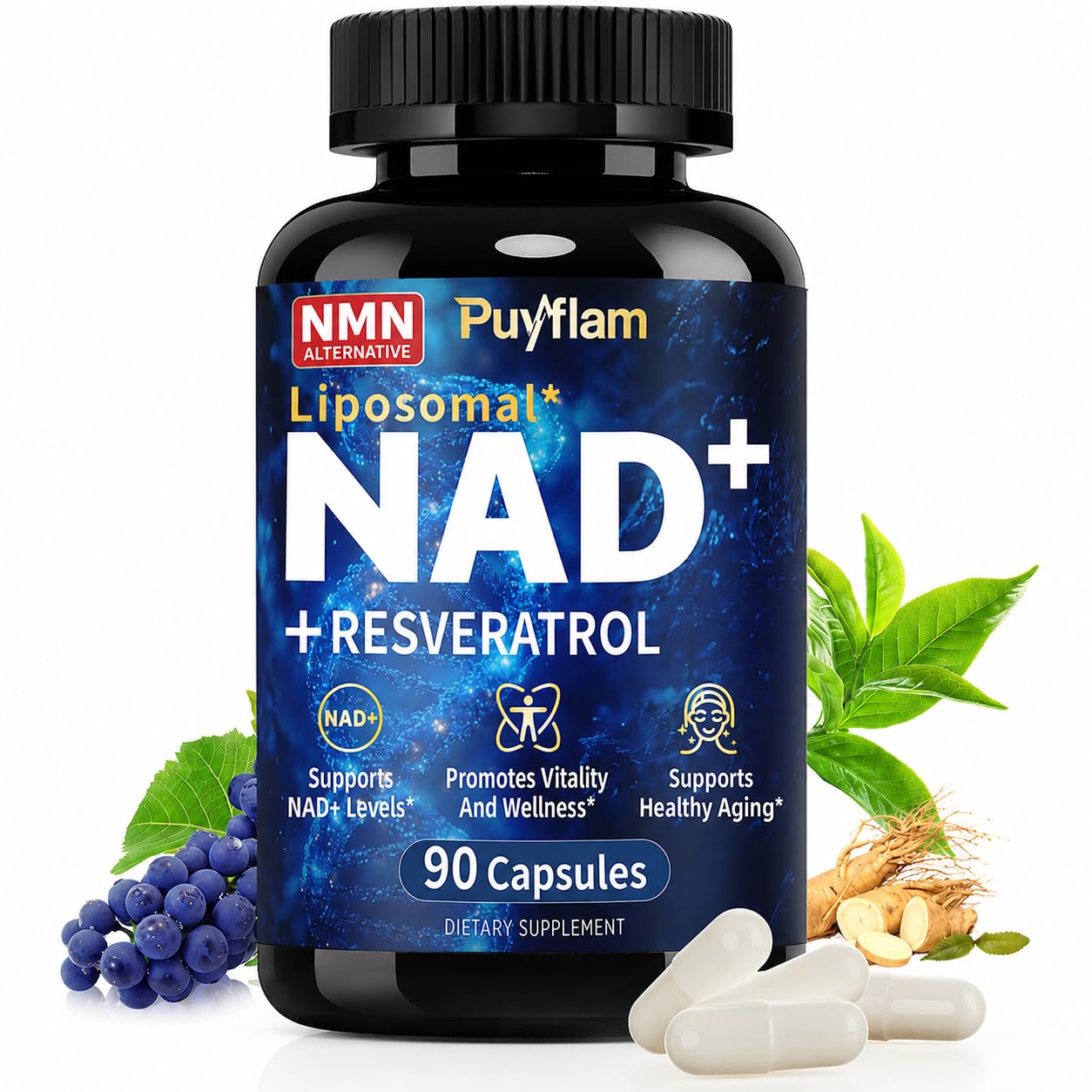 NAD Supplement, 12-in-1 Liposomal NAD+ Plus with Trans-Resveratrol, CoQ10, PQQ & Alpha Lipoic Acid, Healthy Aging & Cellular Wellness Support for Women and Men, NMN & NMNH Alternative, 90 Caps