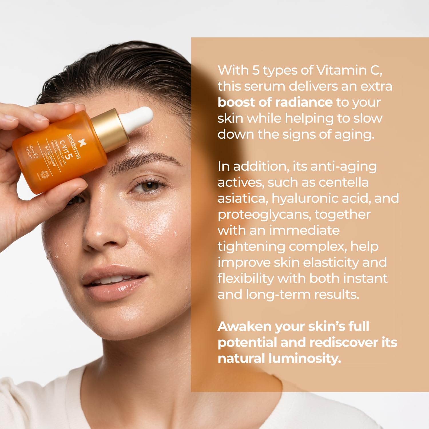 Sesderma C-VIT 5 Fusion Vitamin C serum bottle with dropper, highlighting boosted hydration and radiant glow skincare benefits.