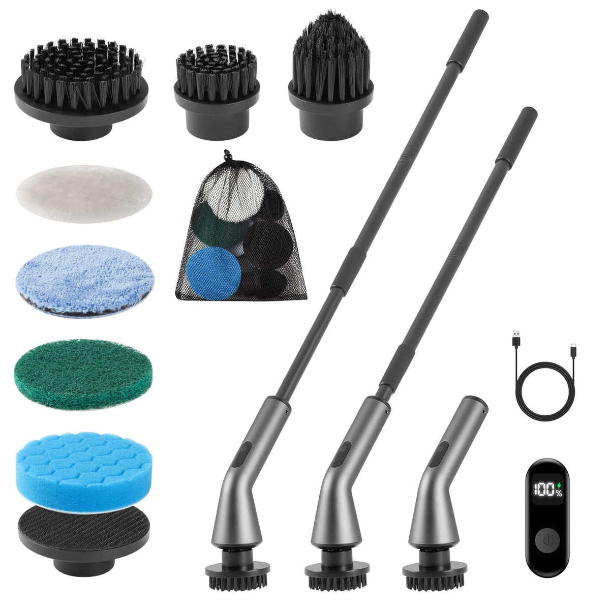 Oawenhe 7 in 1 Electric spin scrubber for bathroom with Adjustable Long Handle,IPX7 – Silver, Acrylonitrile Butadiene St