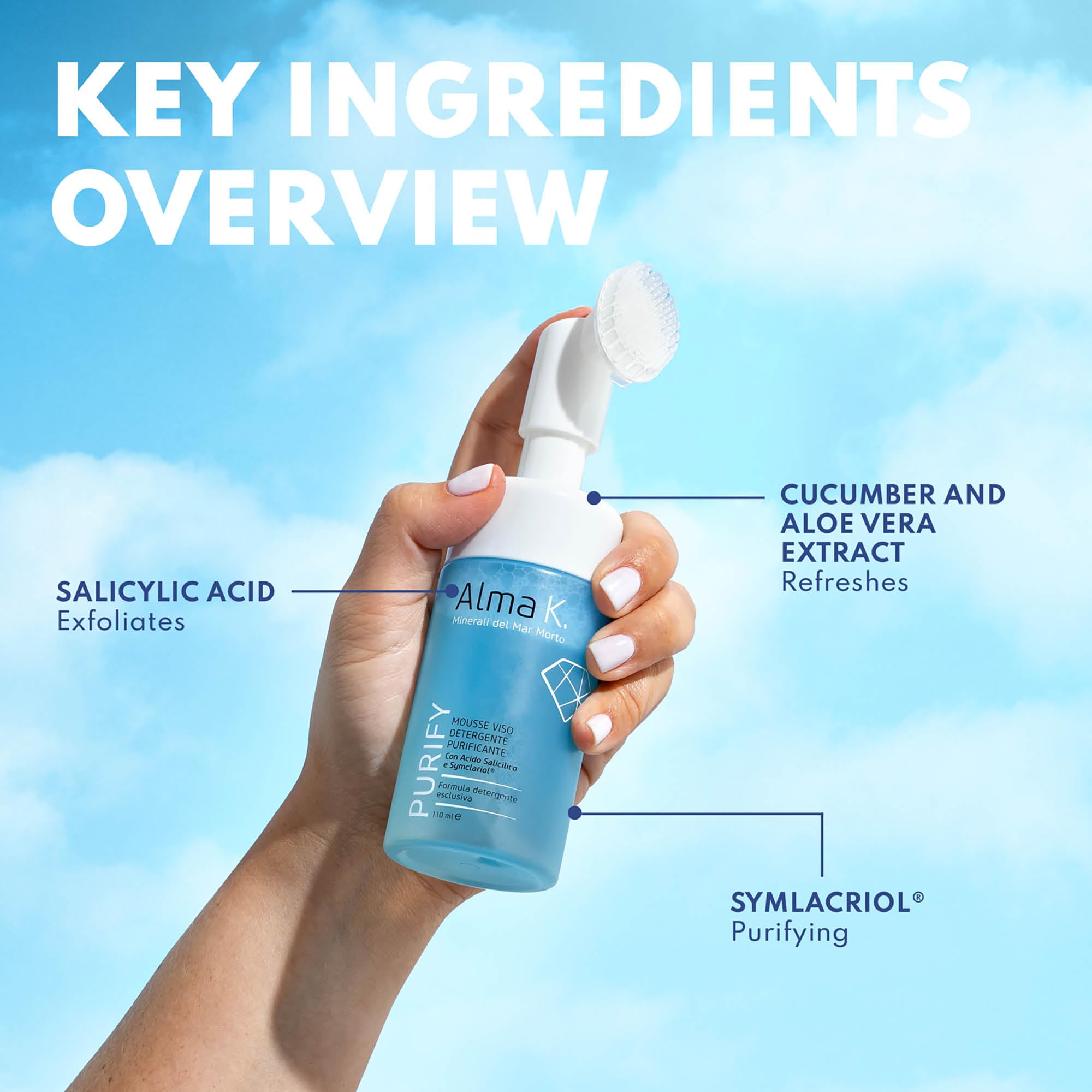 ALMA K Pore Cleansing Foaming Mousse face cleanser for women, hydrating with salicylic acid, in a 3.4 oz bottle.