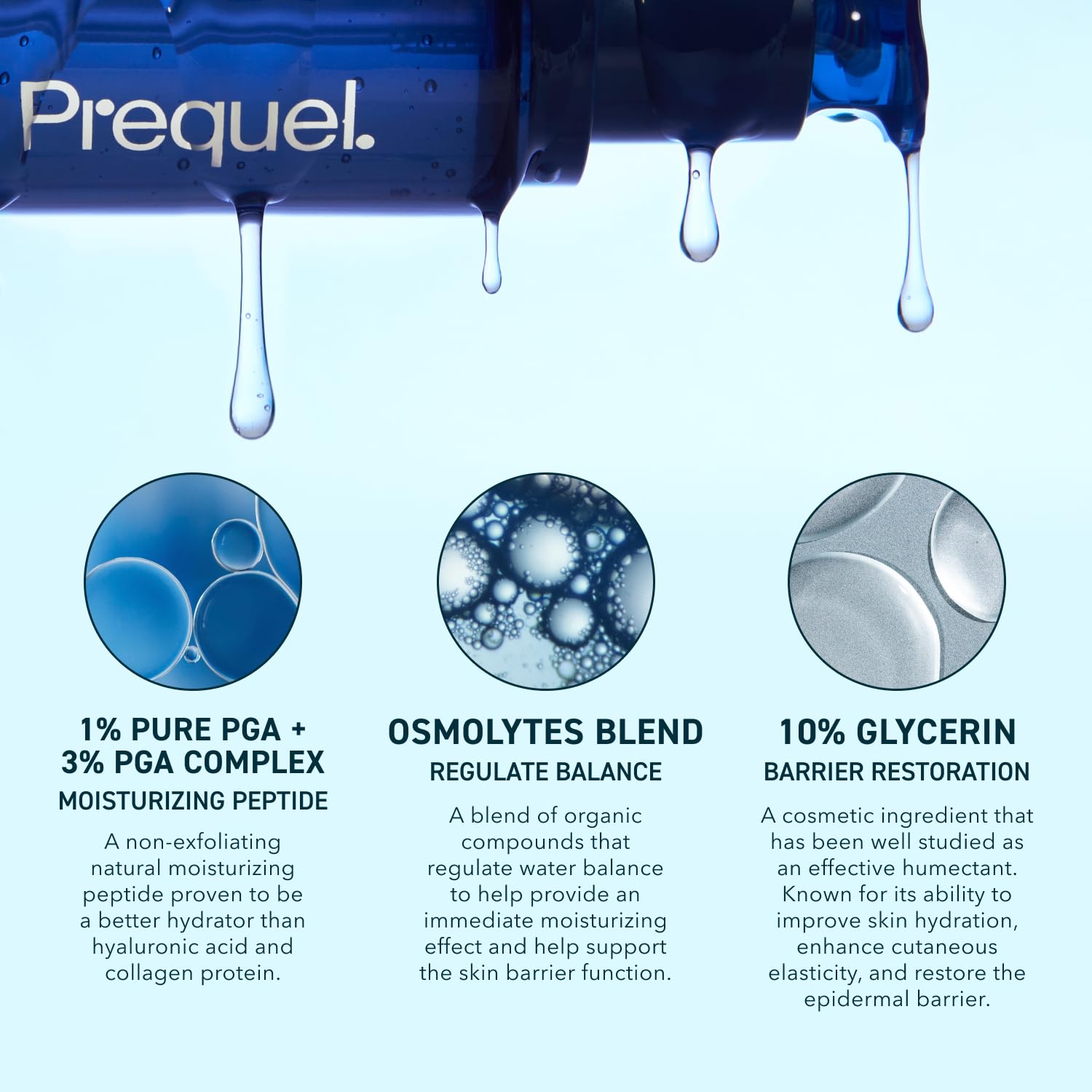 Prequel Skin Serum Multi Quench Hydration with PGA Complex, showing a clear bottle of plumping serum for dry skin