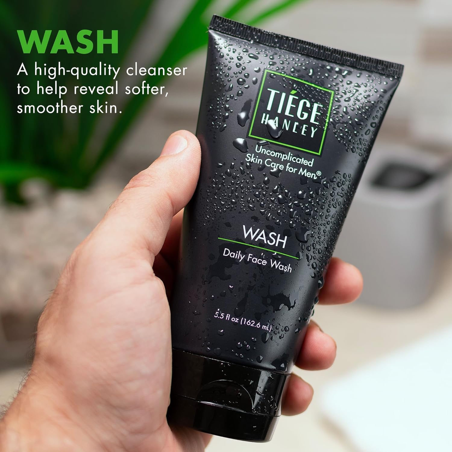 Tiege Hanley Daily Face Wash for Men, fragrance-free skin cleaning agent in 5.5 oz bottle, suitable for daily facial cleansing.