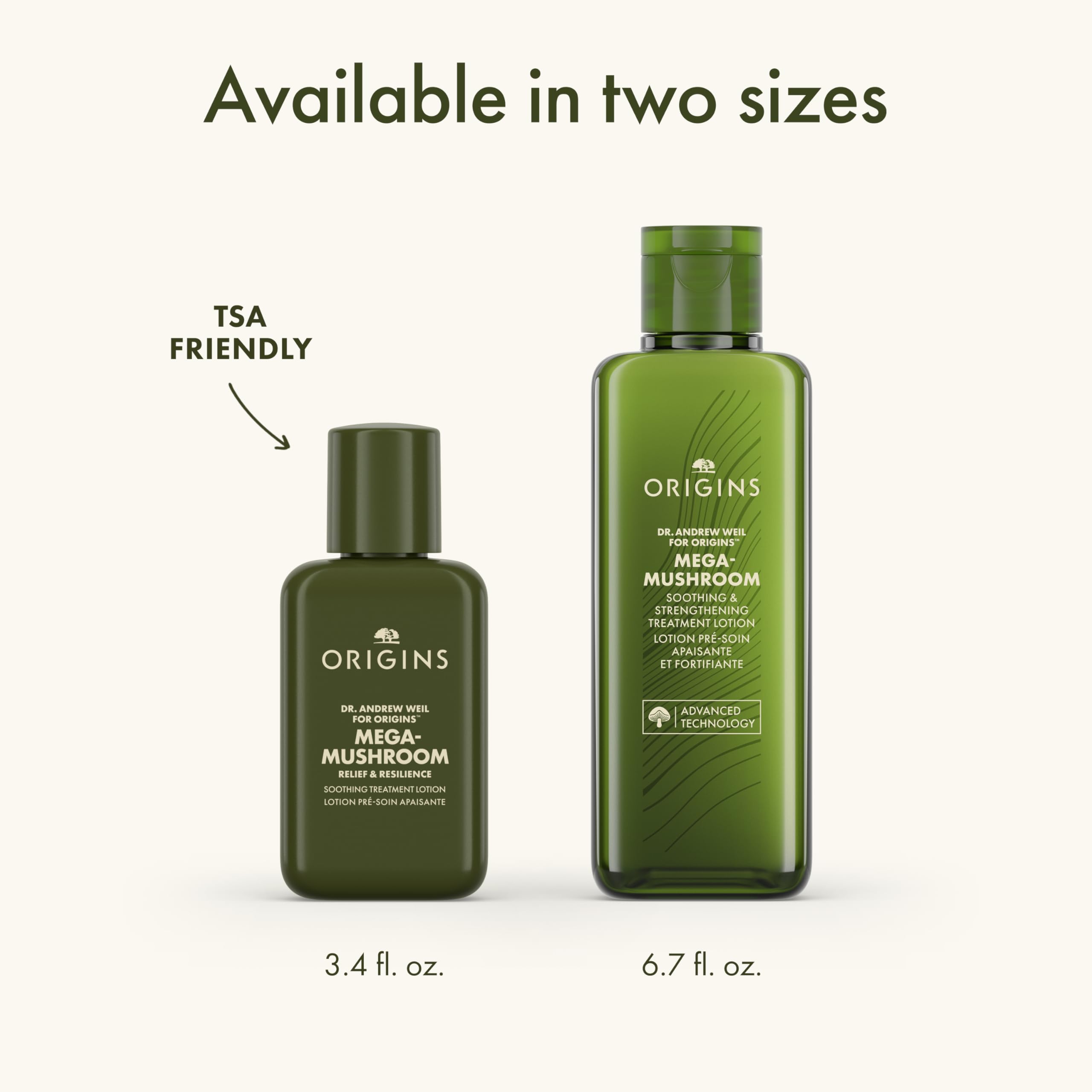 Origins Mega-Mushroom Relief & Resilience soothing treatment lotion in a 6.7 oz bottle, featuring a clear liquid and white cap.
