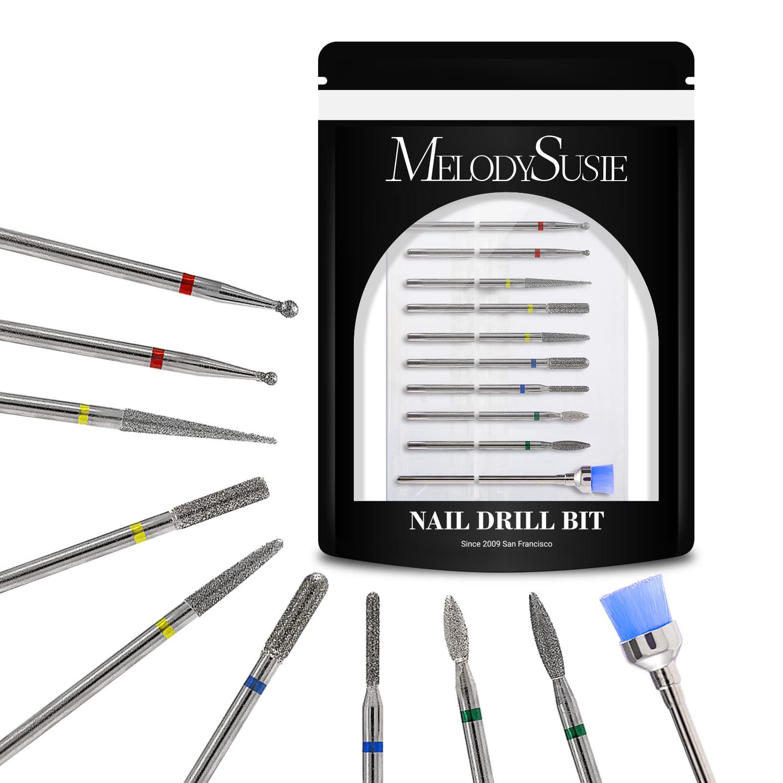 MelodySusie 10pcs Nail Drill Bits Diamond Cuticle Set Silver