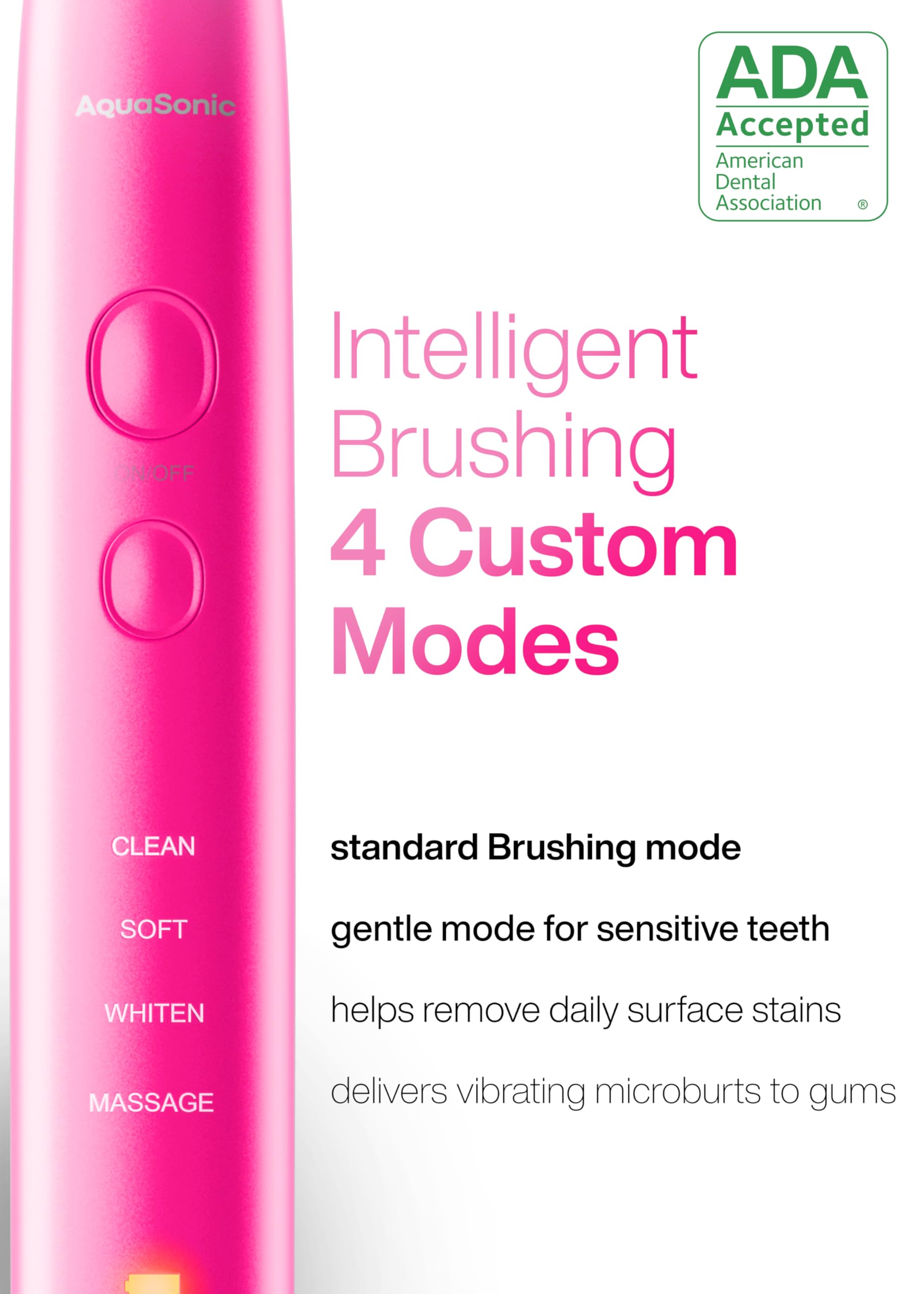 Aquasonic Vibe Series electric pink toothbrush with 8 brush heads, travel case, and wireless charging, featuring 40,000 VPM motor.