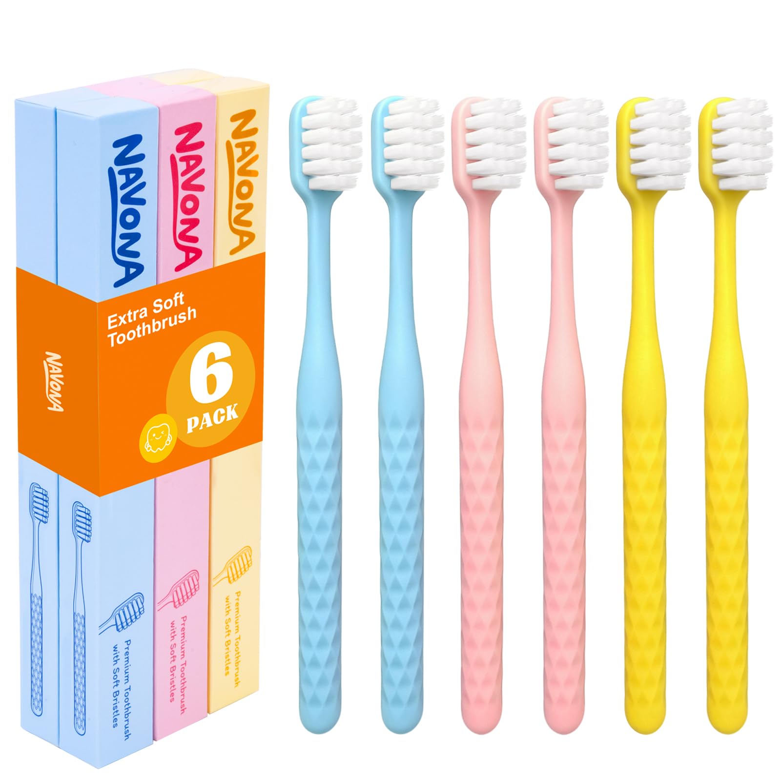 Navona 6 Pack Extra Soft Toothbrushes for Adults, Soft Bristle - Product Imagery