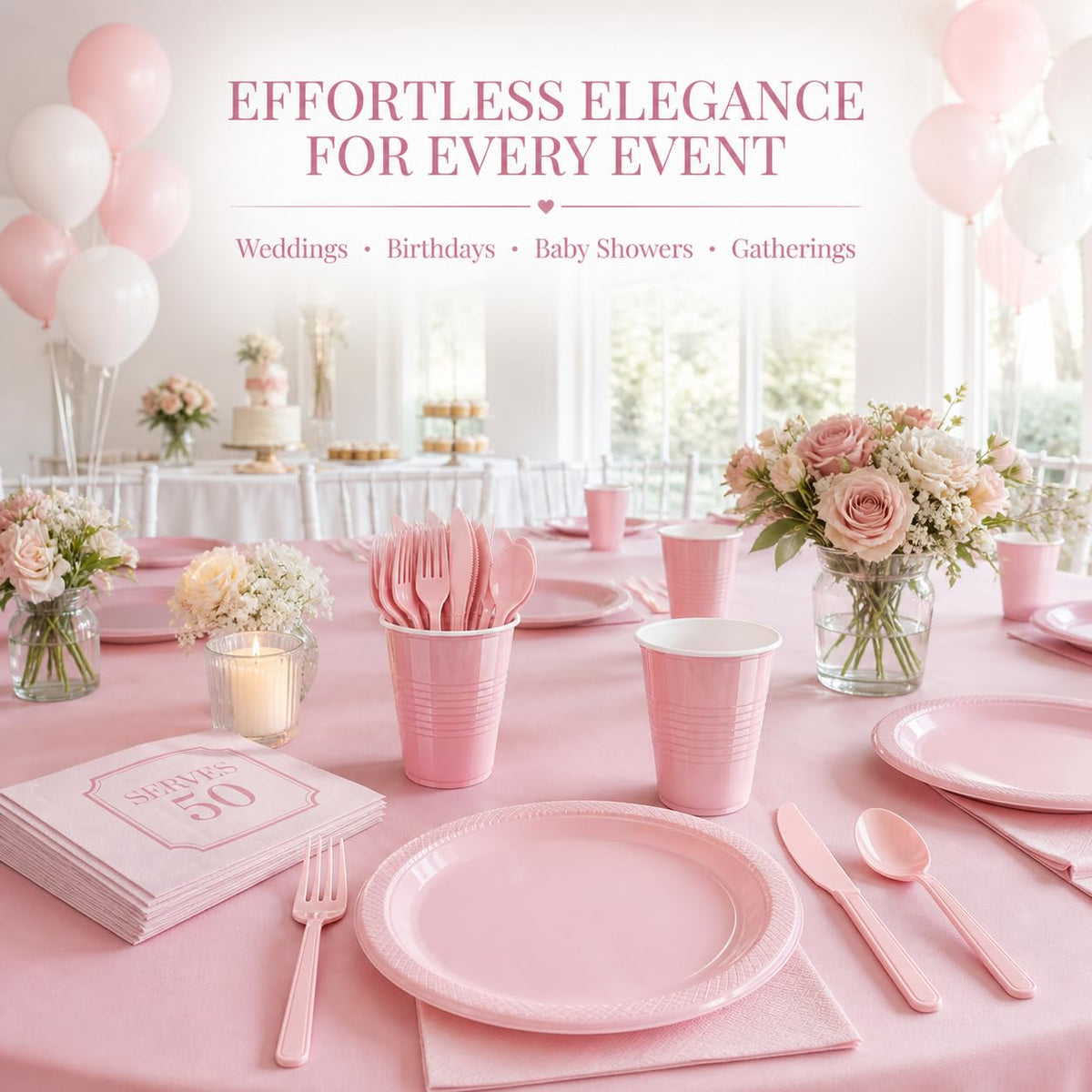 Tinybee 352 Pcs Pink Plastic Plates, Disposable Dinnerware Set for 50 – close-up detail