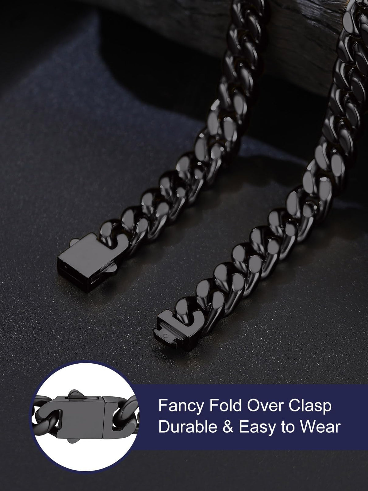 Bandmax Men's Premium Solid Stainless Steel Miami Cuban Link Chain Necklace – close-up detail in 09 9MM-Black Plated