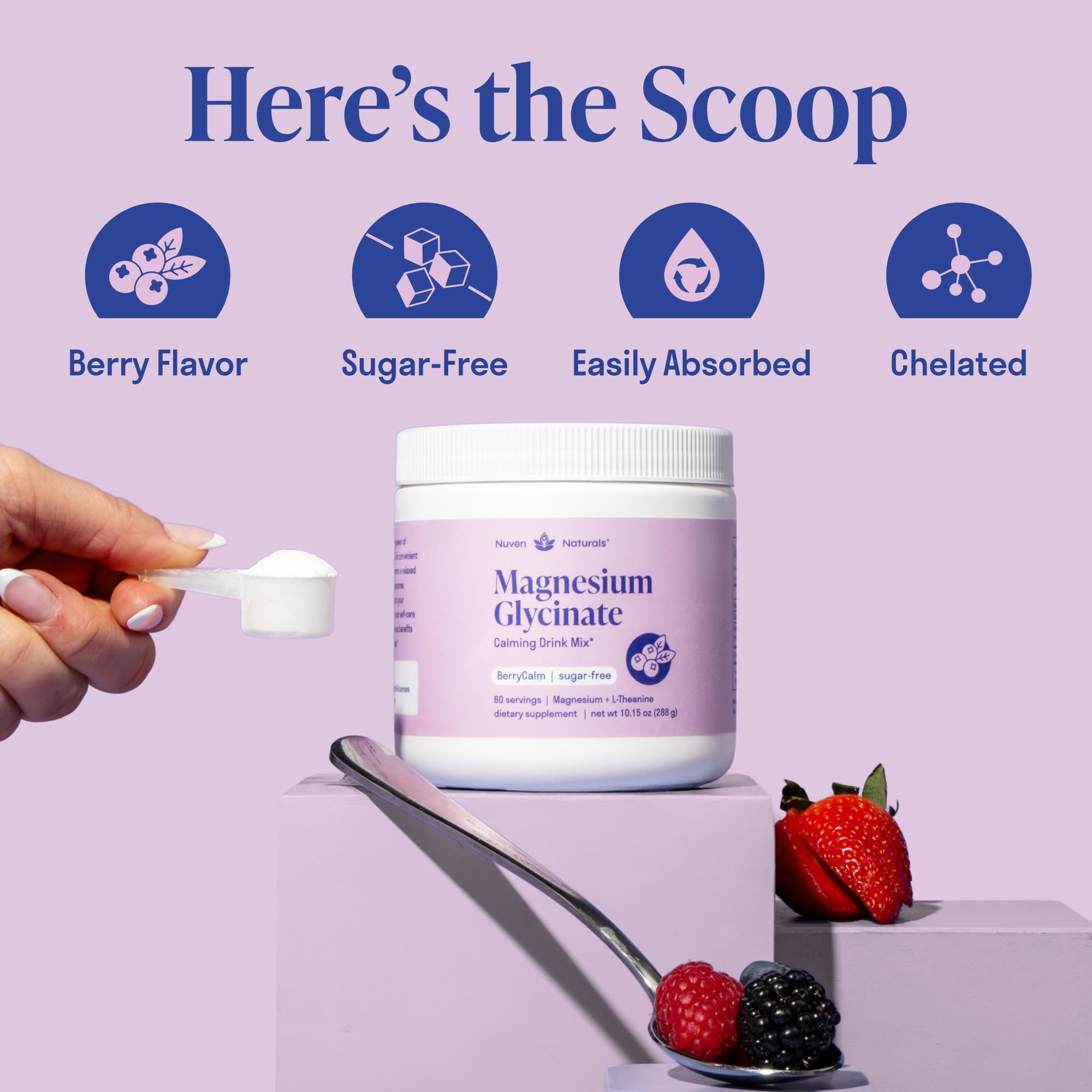 Magnesium Glycinate Powder + L Theanine, 60 Servings, 300mg, Mixed Berry
