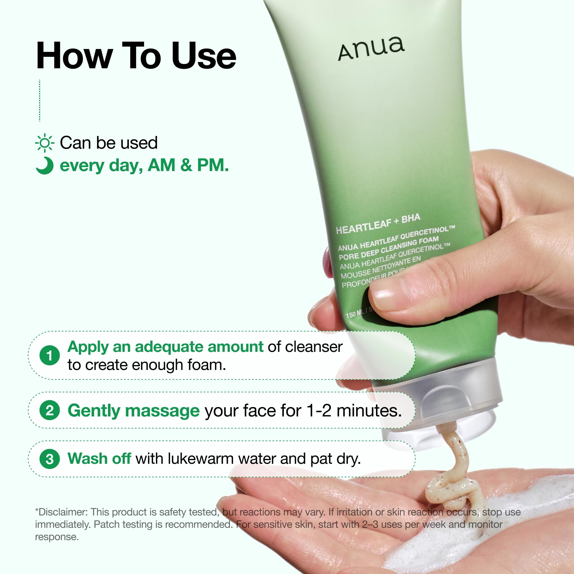 ANUA Heartleaf Quercetinol Pore Deep Cleansing Foam in a 5.07 fl oz pump bottle, designed for deep cleansing and pore care.