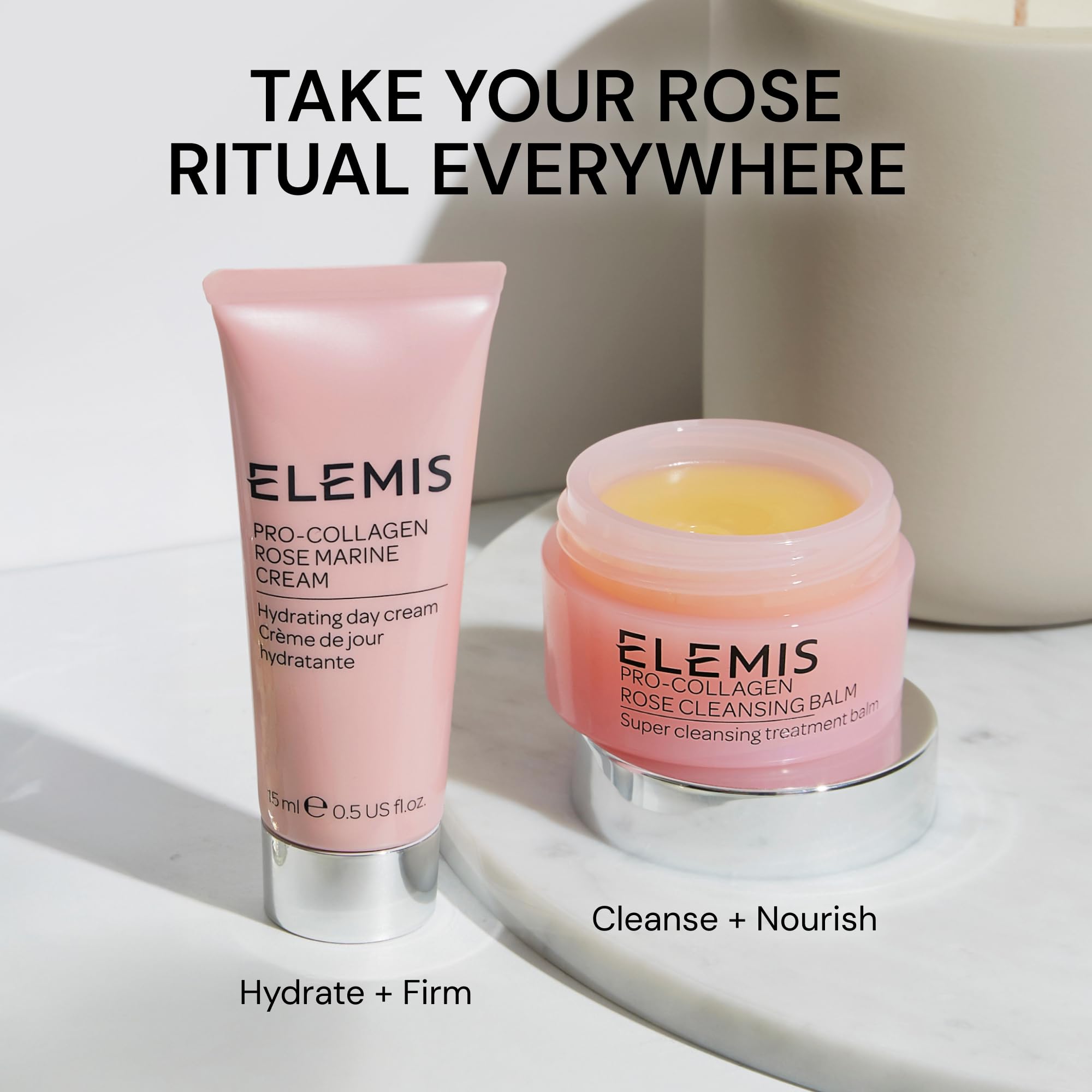 ELEMIS Pro-Collagen Rose Marine Cream jar with pink rose design, showcasing luxurious skincare packaging.