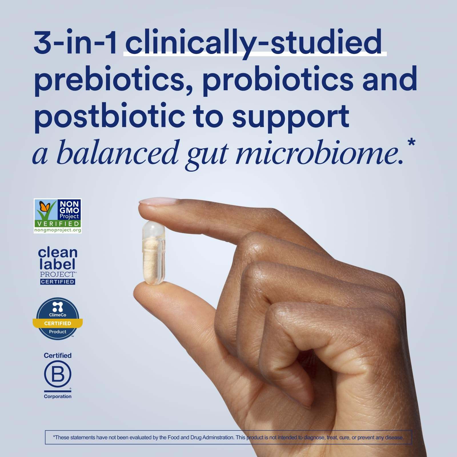Ritual Synbiotic+ 3-in-1 probiotic, prebiotic, and postbiotic supplement bottle with label visible.
