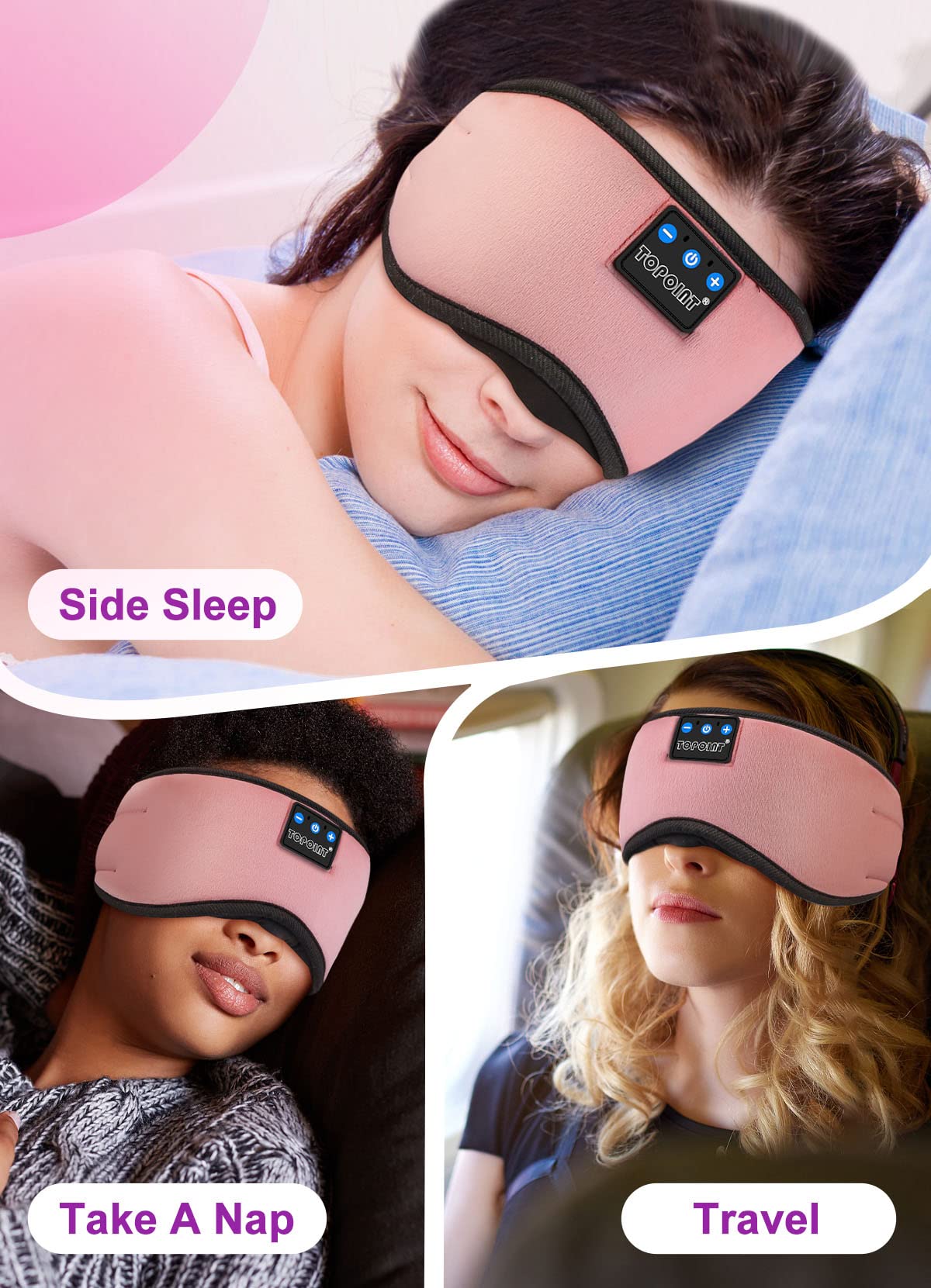 TOPOINT Sleep Mask Headphones Bluetooth 5.2 Wireless, Blackout Eye Mask for Women Men Sleeping Travel Meditation Gifts C