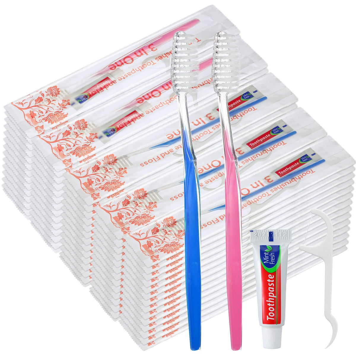 FoldTier 200 Sets Disposable Toothbrush Toothpaste Floss, Light Blue Pink – product photo (Manual Toothbrushes)