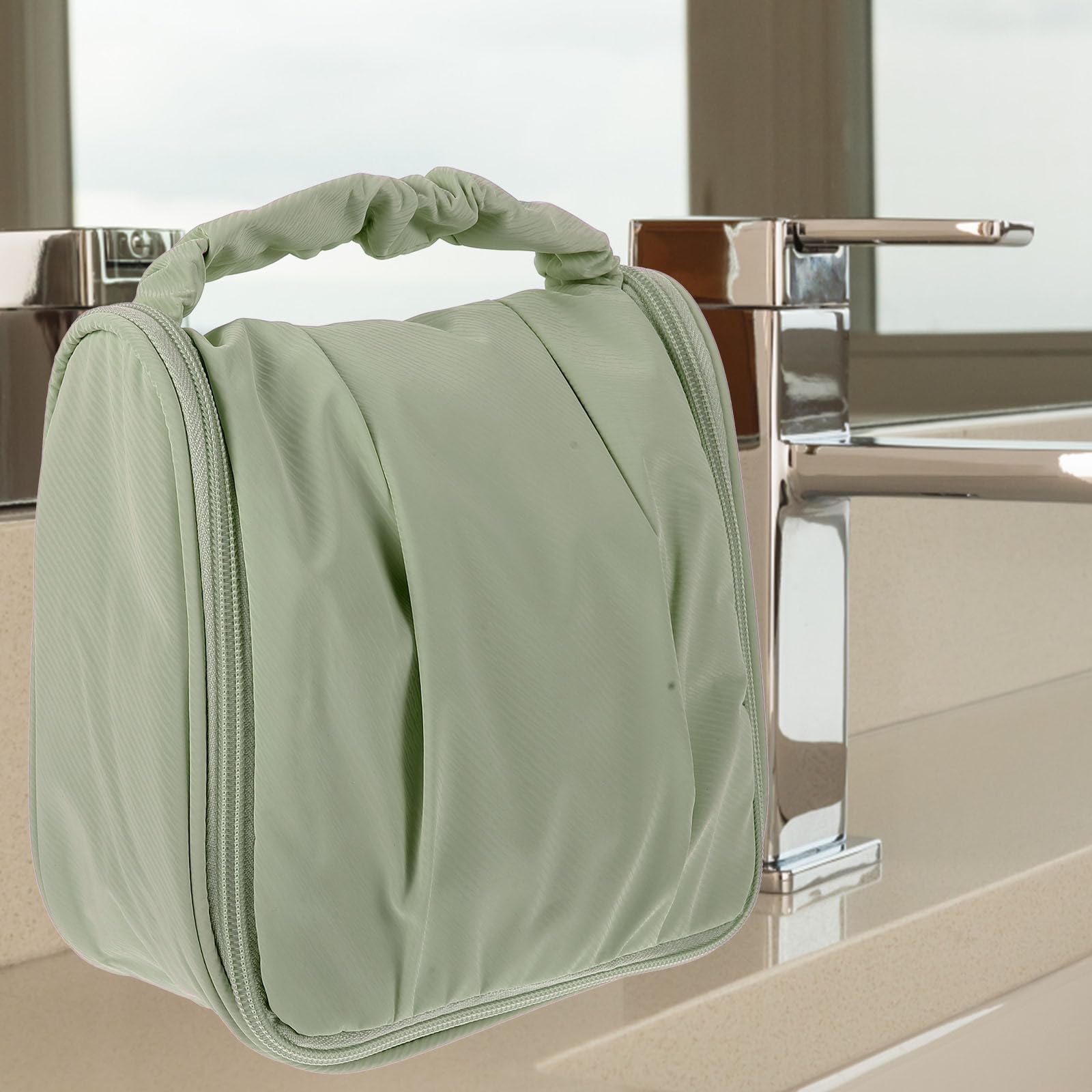 Healeved large green waterproof cosmetic travel bag with dry wet separation and multiple compartments for women’s makeup and toiletries.