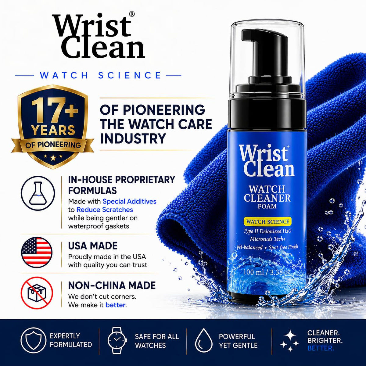 WristClean Royal Watch Cleaning Kit | (1x) Watch Cleaner Foam 100ML, (1x) Large Drying Towel, (2x) Non-scratch Brushes, 