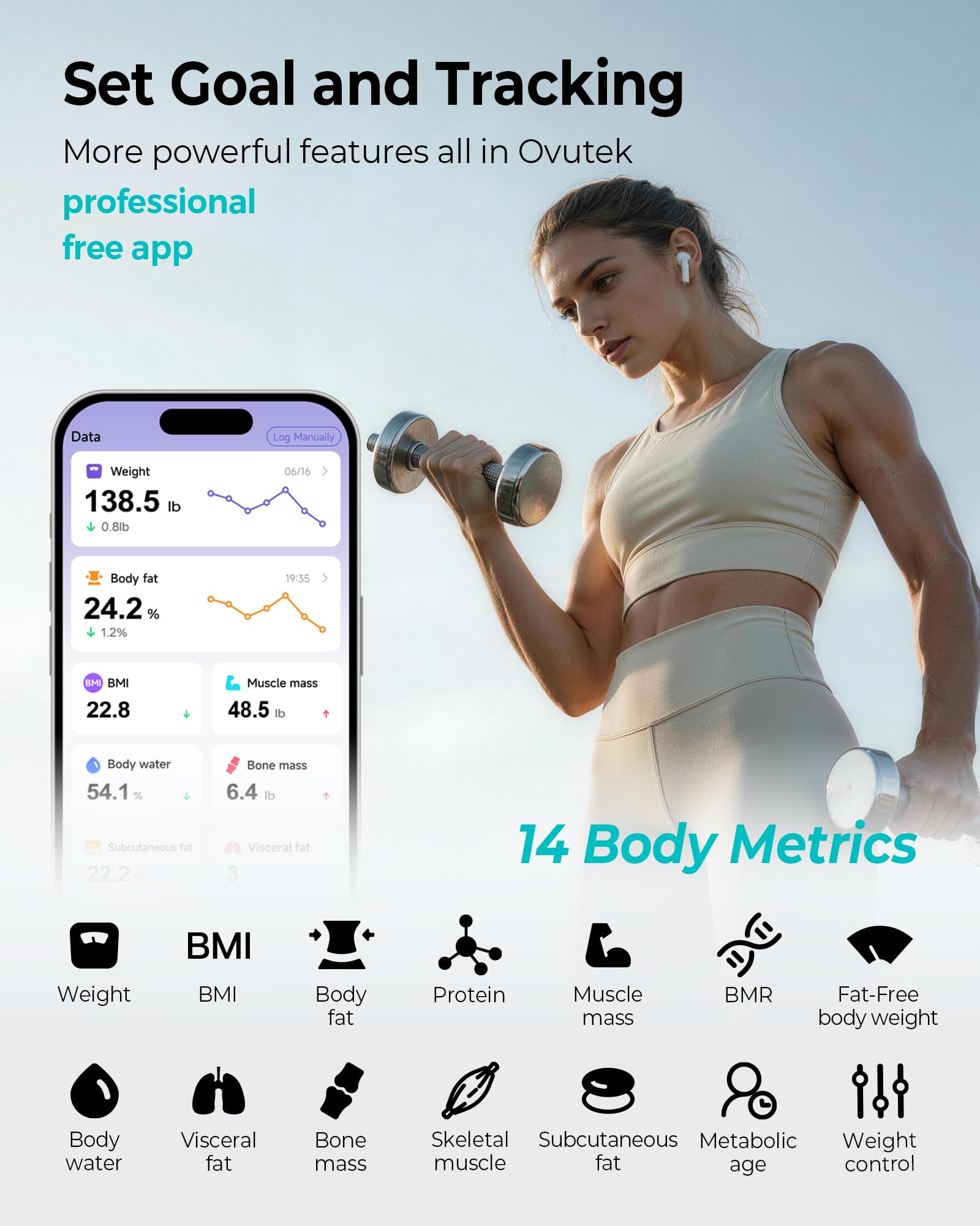Ovutek smart body weight scale displaying BMI and muscle mass readings with color-changing display on a sleek glass surface.