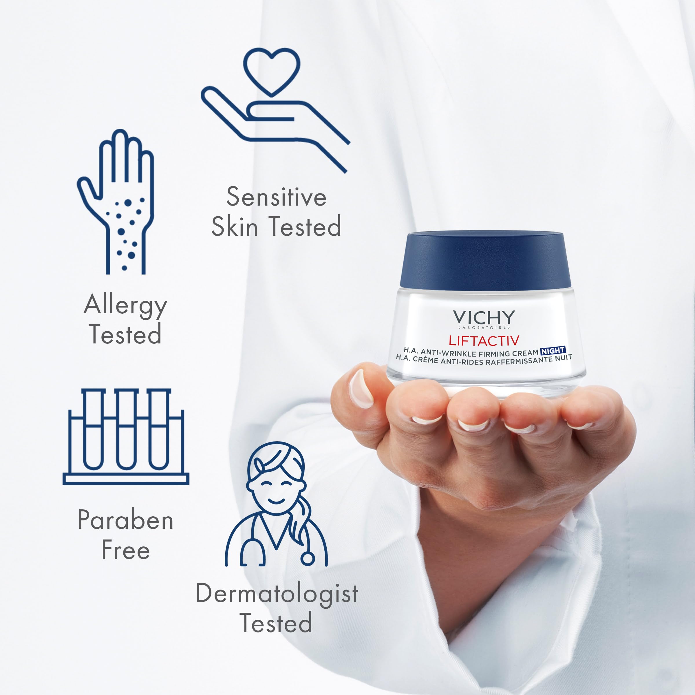 Vichy LiftActiv Supreme anti-aging night cream in a 1.69oz jar, moisturizing and rejuvenating skin overnight