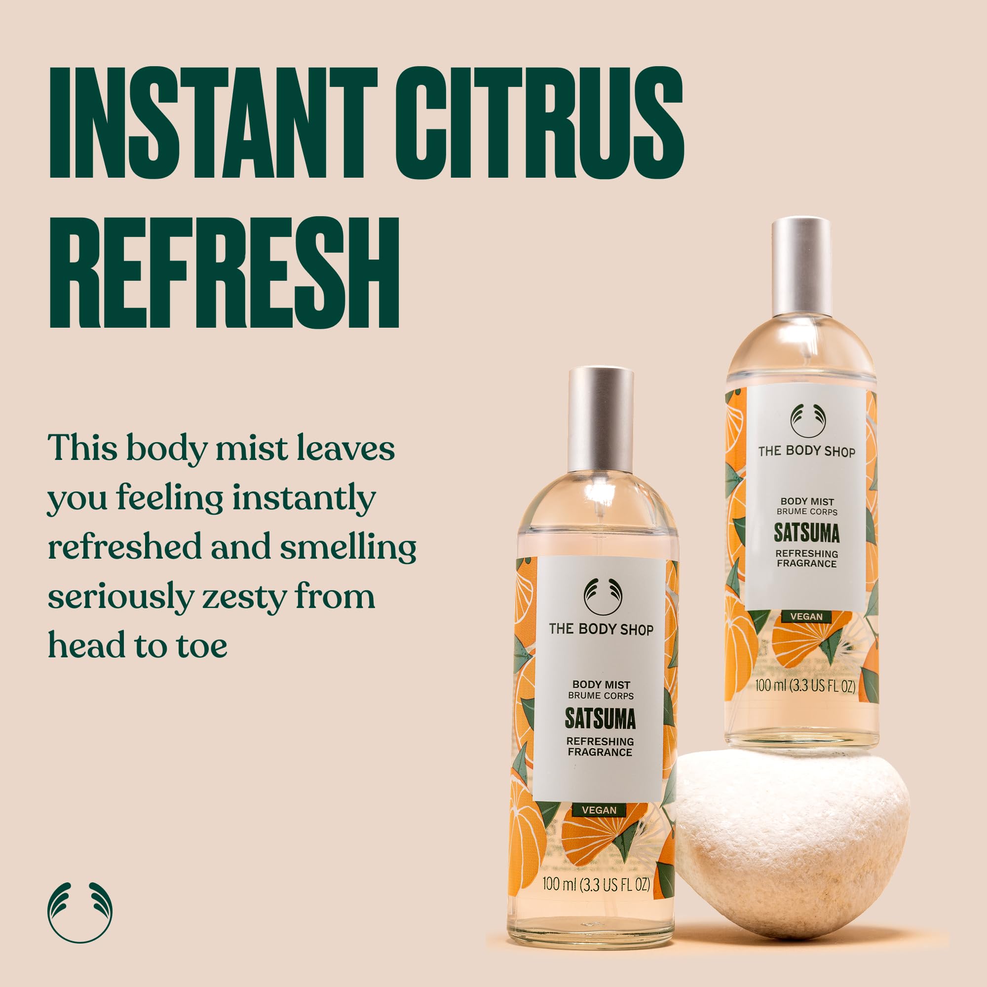The Body Shop Satsuma citrus body mist in 3.3 oz spray bottle, featuring a vegan fragrance with fresh satsuma scent.