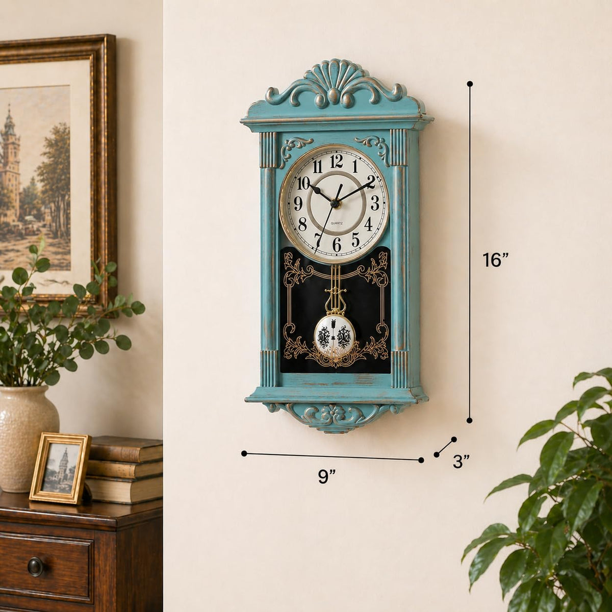 Clockswise Vintage Grandfather-Style Wall Clock with Wood-Effect Plastic Pendulum, Battery-Operated - for Home Decor, Li
