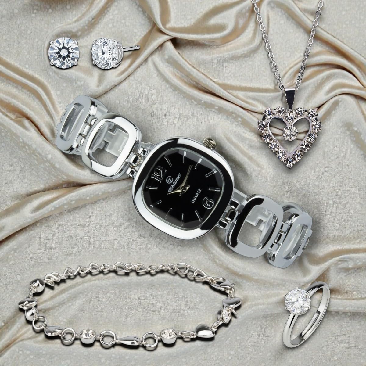 BELLOS Gift Set Women's Watch Black - jewelry Set- Necklace-Ring- Earrings - Band – product photo (Jewelry Sets)