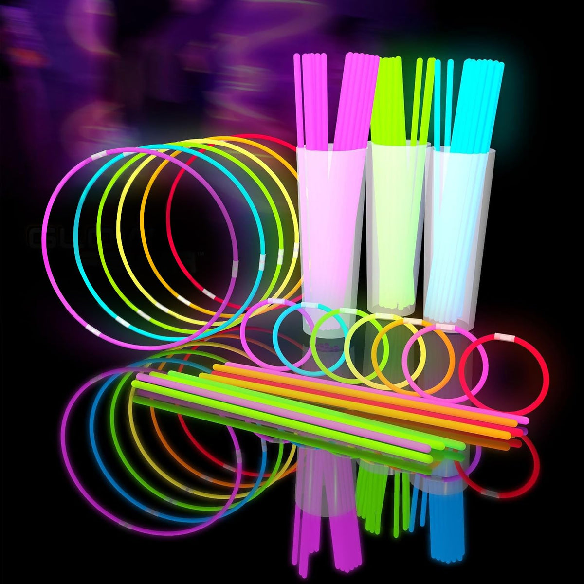Glow Fever Glowsticks Bulk 1200pcs Party Pack includes 600 8" Glow Sticks and 600 connectors, Bracelets and Necklace