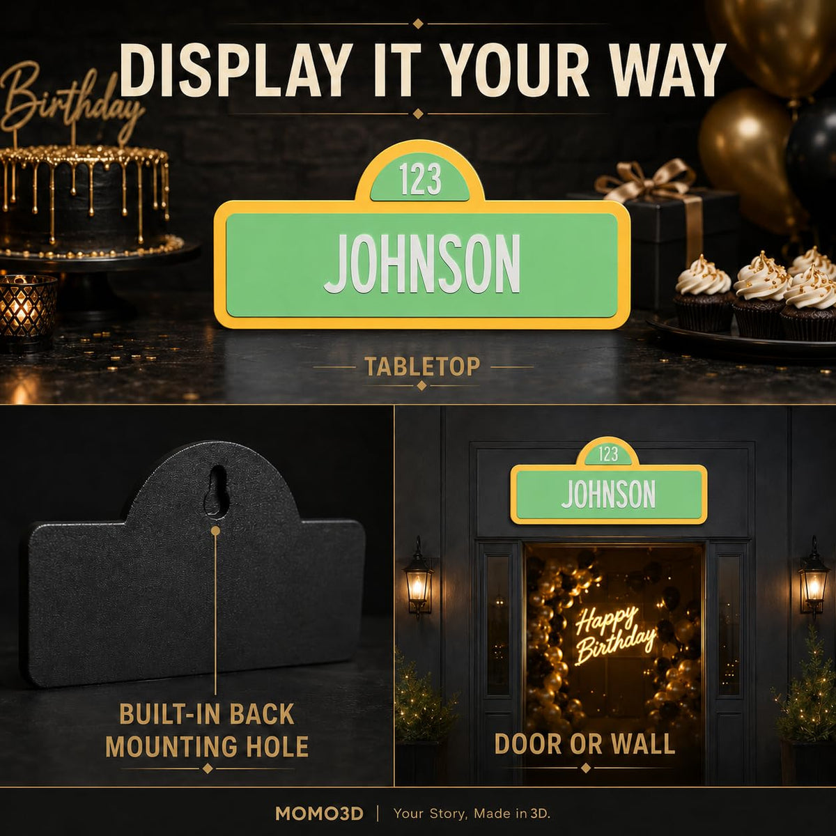 MOMO3D Custom Street Sign, Personalized Name Sign for Kids Birthday Party Decor – packaging and label