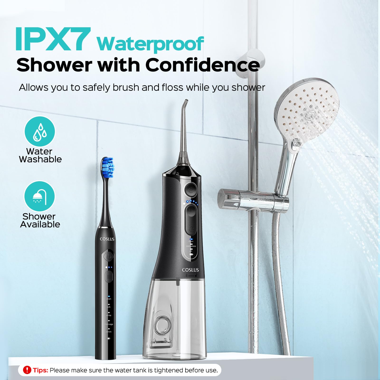 COSLUS C51C30 water flosser and electric toothbrush combo kit, showing the toothbrush and water flosser device with attachments.