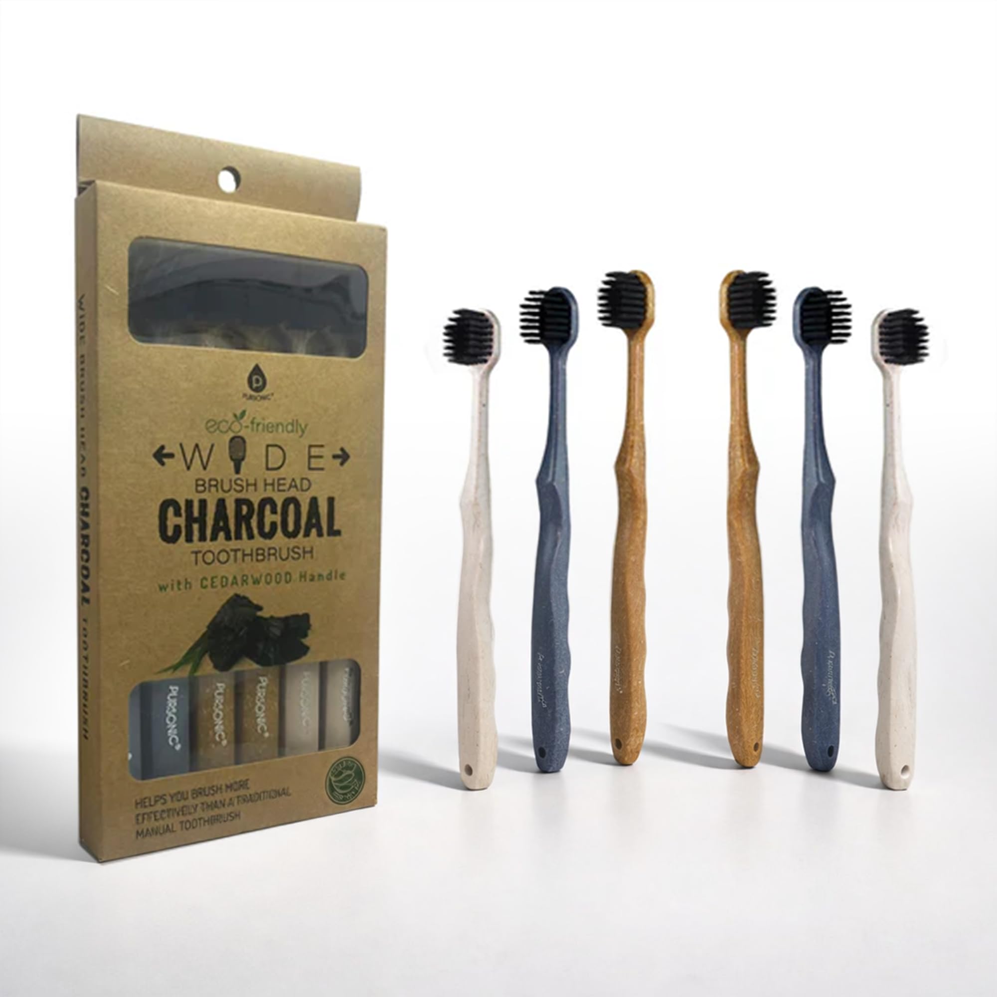 Pursonic Wide Head Toothbrush Set with Cedarwood Wooden Handle & - Product Imagery
