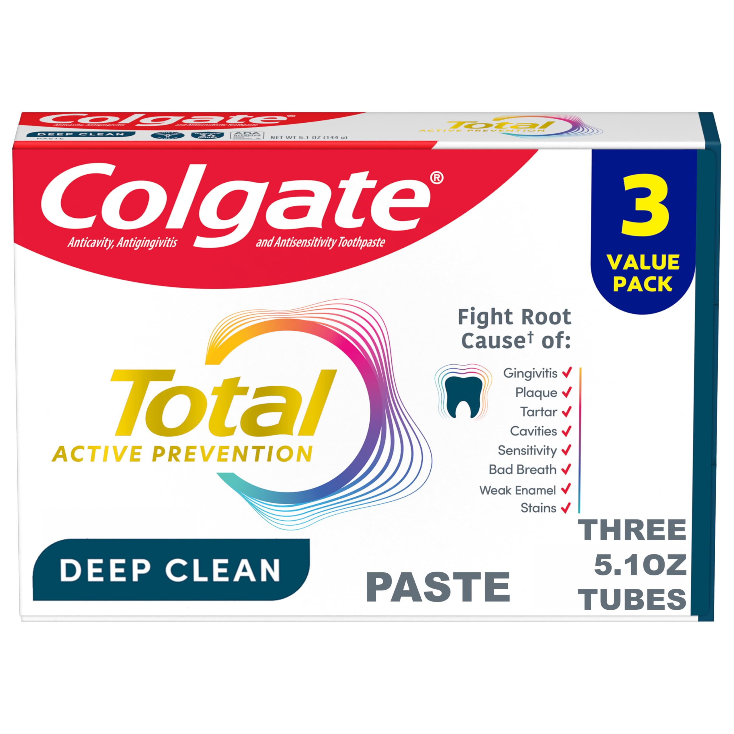 Colgate Total Deep Clean Toothpaste, Mint, 3 Pack, 5.1 oz - Product Imagery