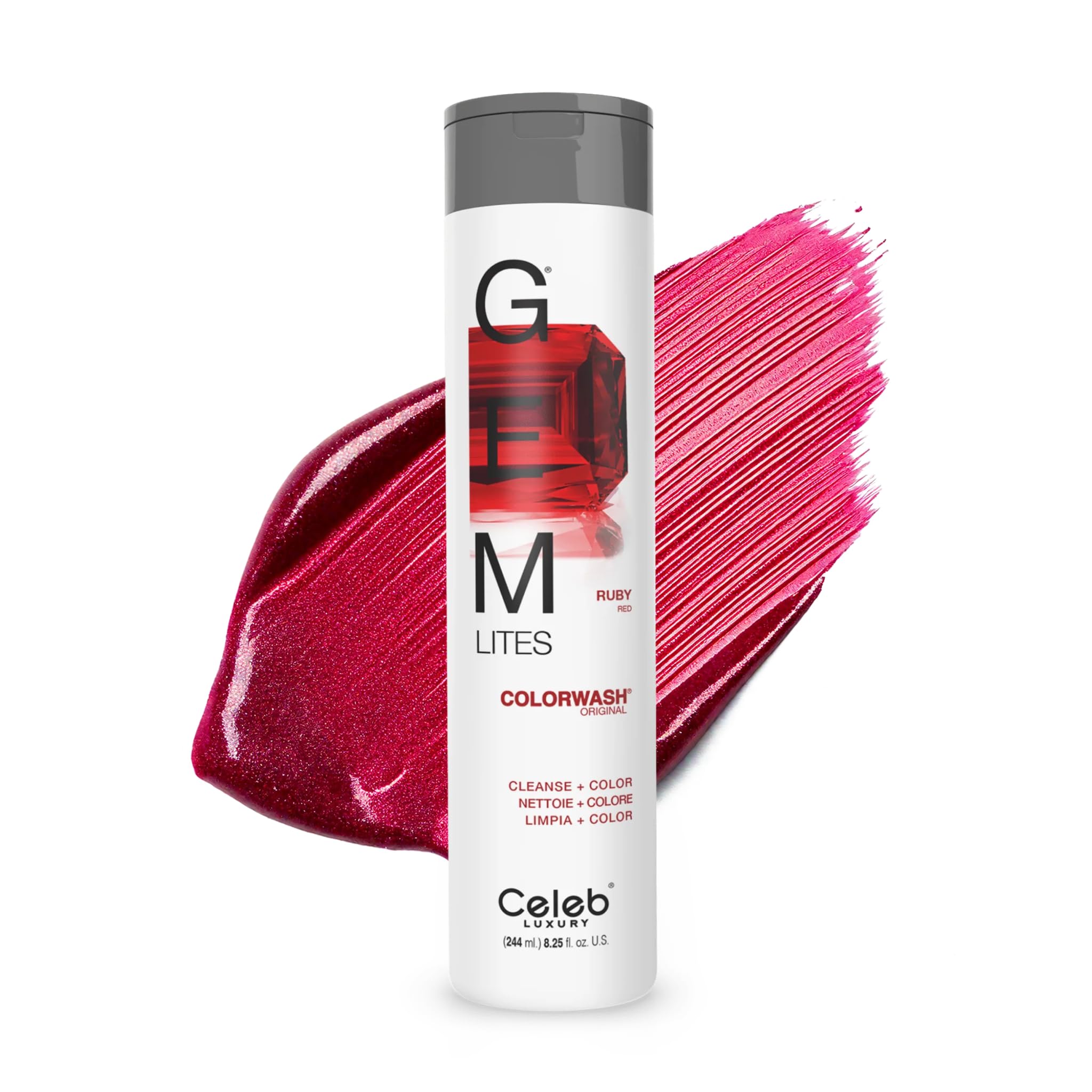Celeb Luxury Gem Lites Ruby colorwash shampoo bottle, 8.25 oz, with vibrant red hair dye formula for color enhancement.