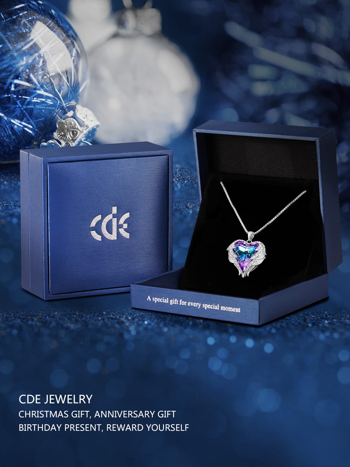 CDE Angel Wings Heart Birthstone Pendant Necklace Gift for Women – back view and specifications