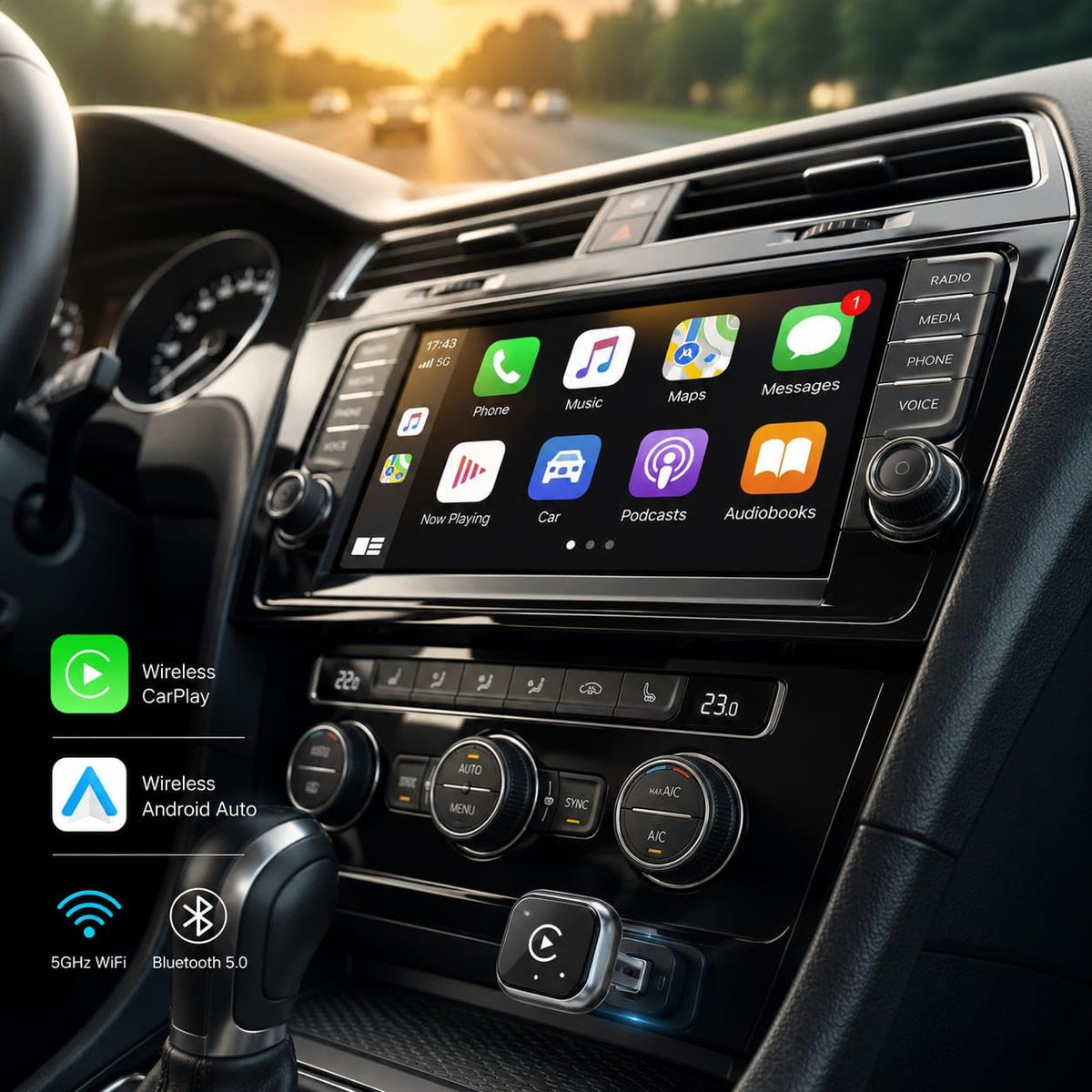 Genial Essence 2-in-1 Mini Wireless CarPlay & Android Auto Adapter – back view and specifications