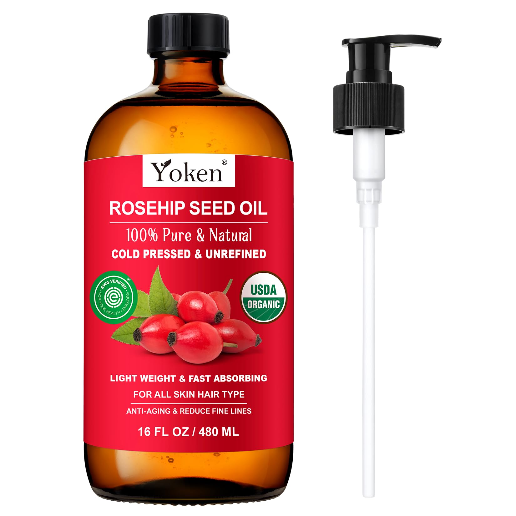 Yoken Cold Pressed Organic Rosehip Seed Oil for Skin, Hair & Body, 16 fl oz