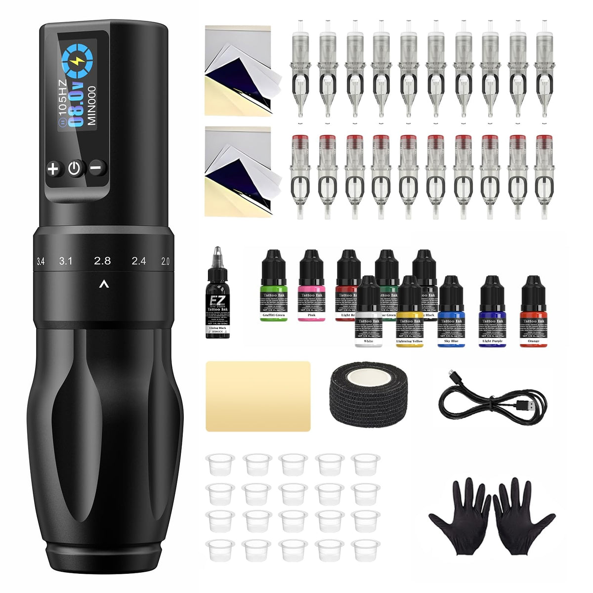 Tattoo Kit - EZTAT2 Tattoo Gun Kit with 7 Strokes 2.0-4.0mm Wireless Tattoo Machine, 1600mAh Battery Power Supply, 20Pcs