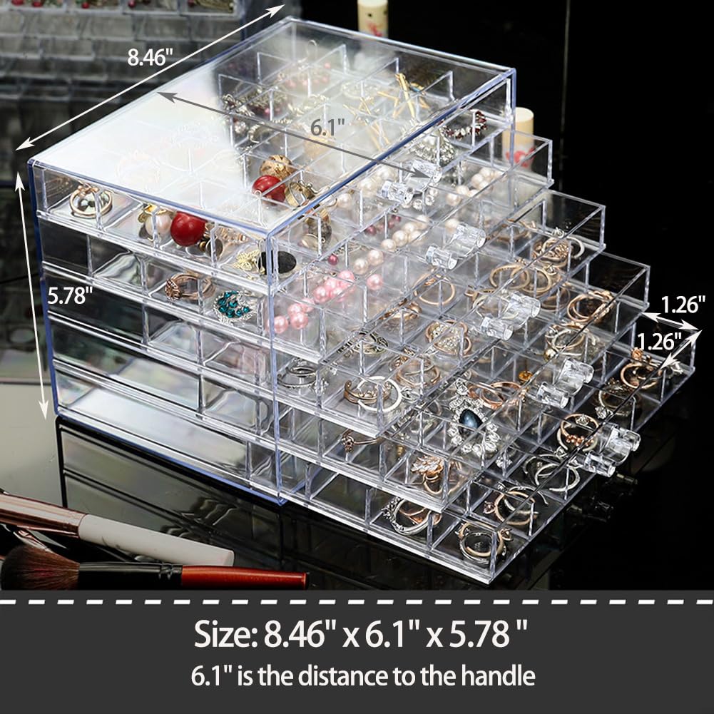 YUFONG Earring Storage Box Organizer 5 Drawers with 120 Small Compartments – back view and specifications