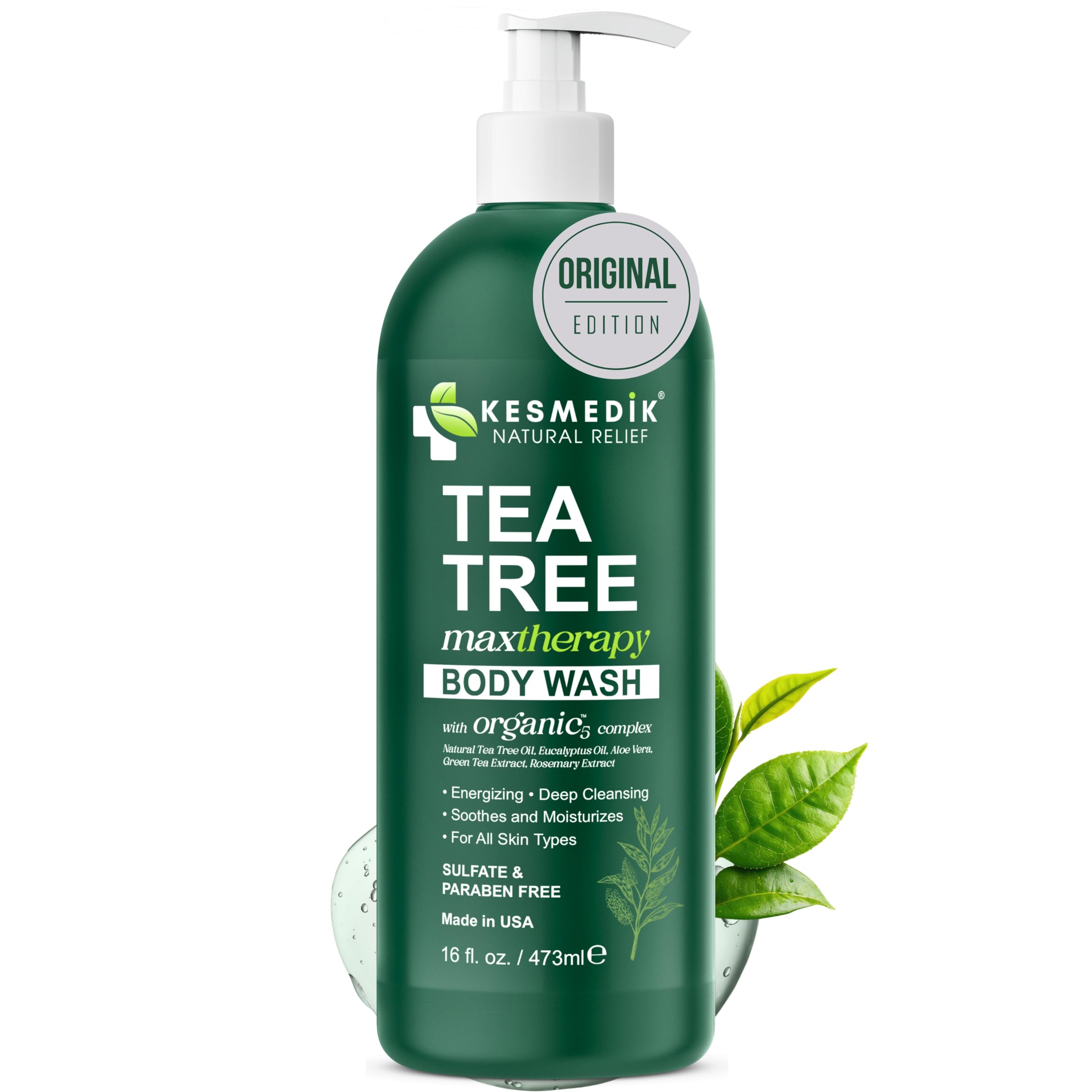 KESMEDIK Tea Tree Body Wash with 100% tea tree oil, 16 oz bottle, natural cleansing product for skin refreshment.