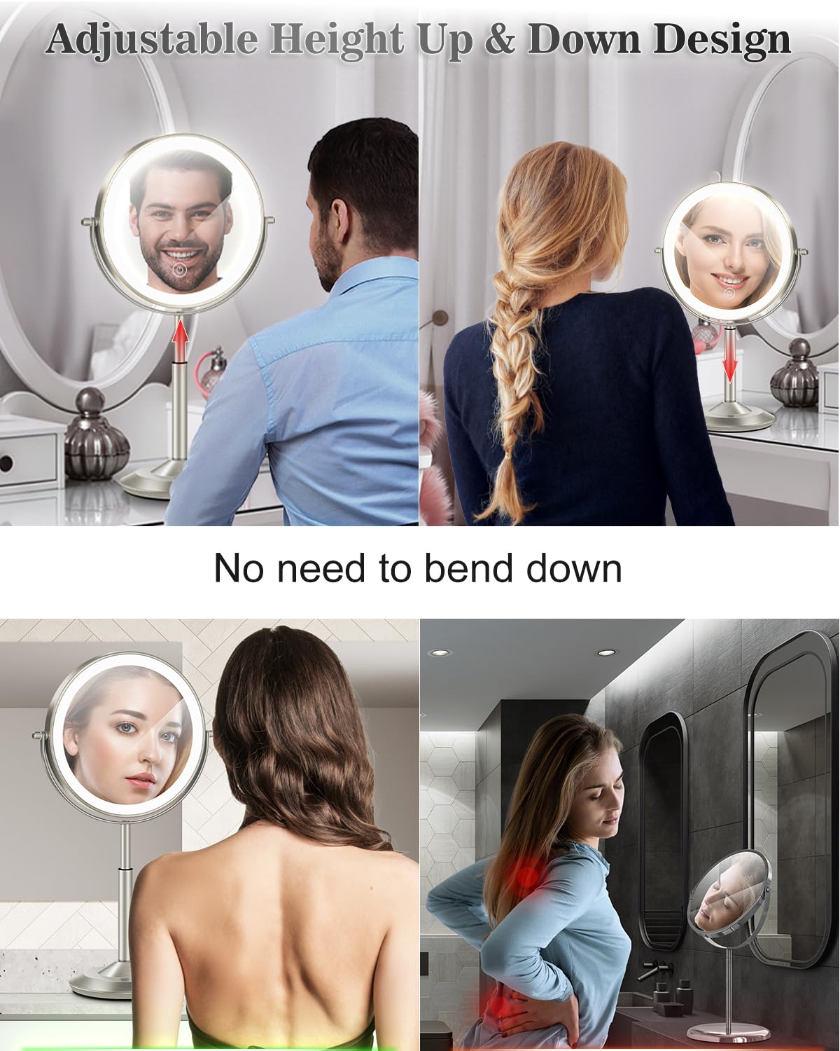 vpu 8" Lighted Makeup Mirror with Light,30X Magnifying Height Adjustable Mirror – full view