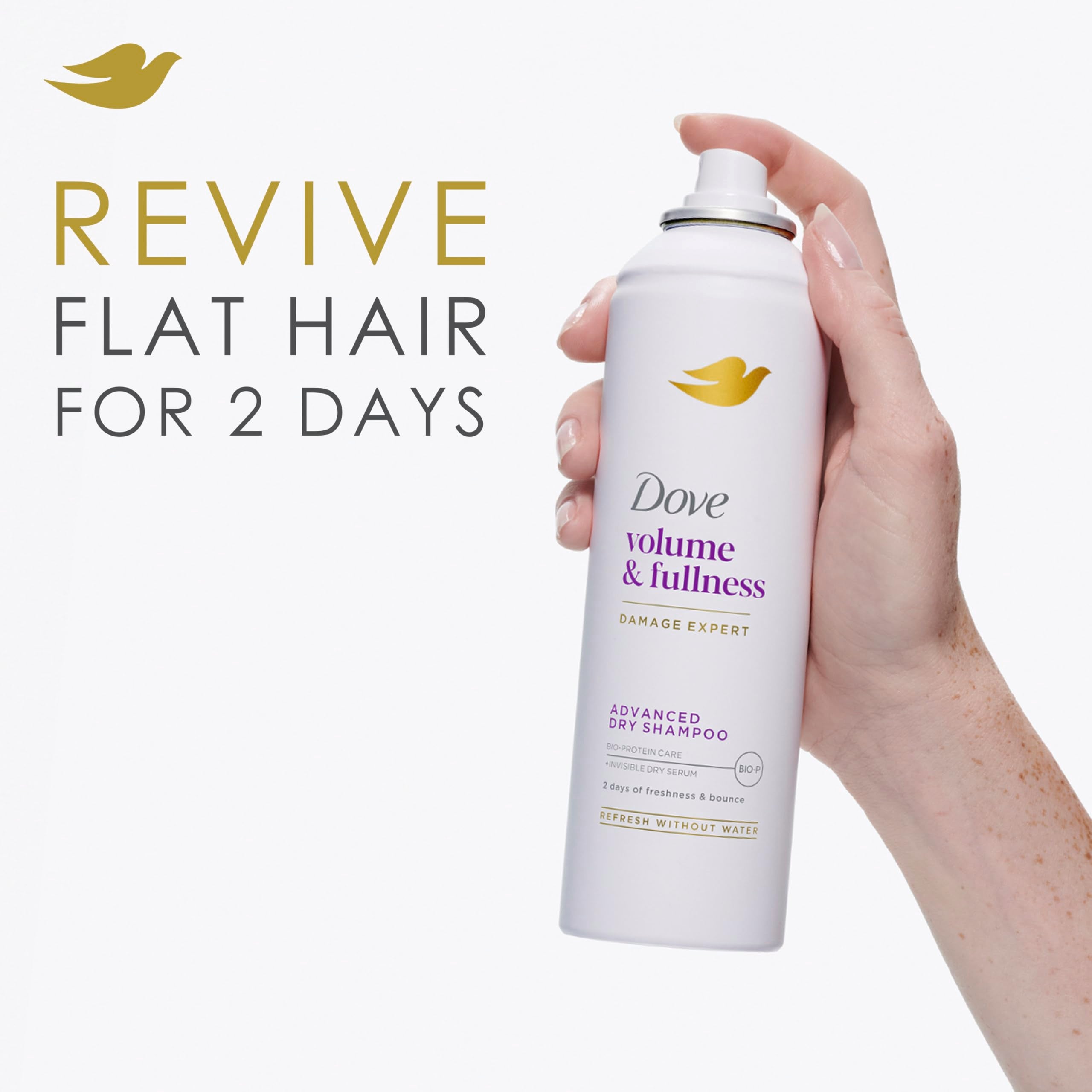 Dove Volume & Fullness Dry Shampoo 5oz bottles, perfect for adding volume to flat hair, shown in the image.